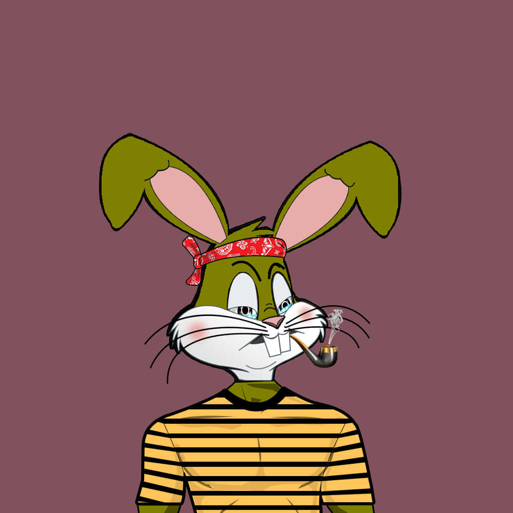 Bugs Bunny Supreme 桌布 壁紙 — 一隻卡通兔子，有綠色耳朵和紅色頭巾，穿著黃黑條紋襯衫，在栗色背景前抽煙斗。