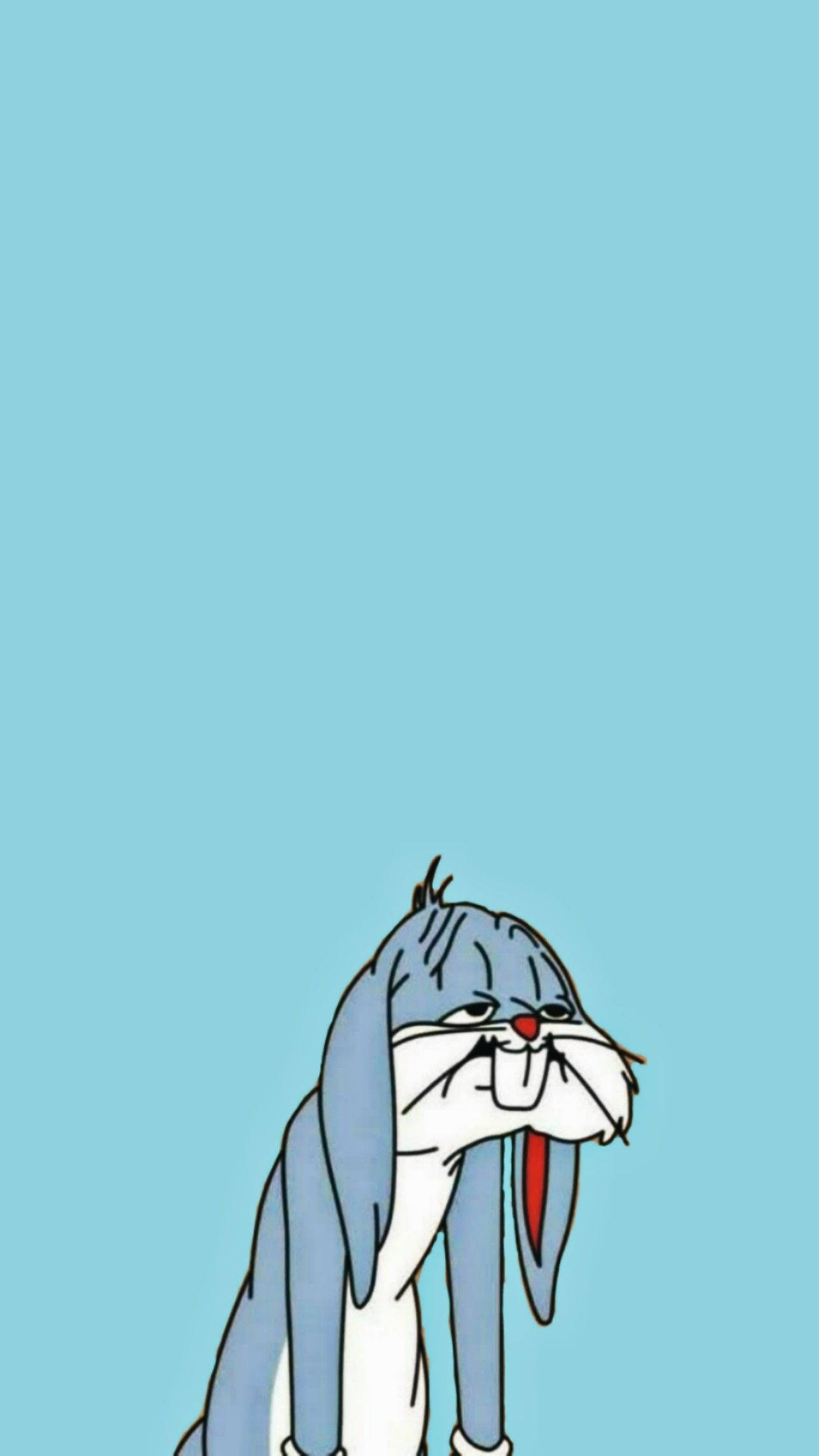 Cartoon 桌布 壁紙 — 一隻卡通兔子垂耳吐舌，坐在純淺藍色背景前。
