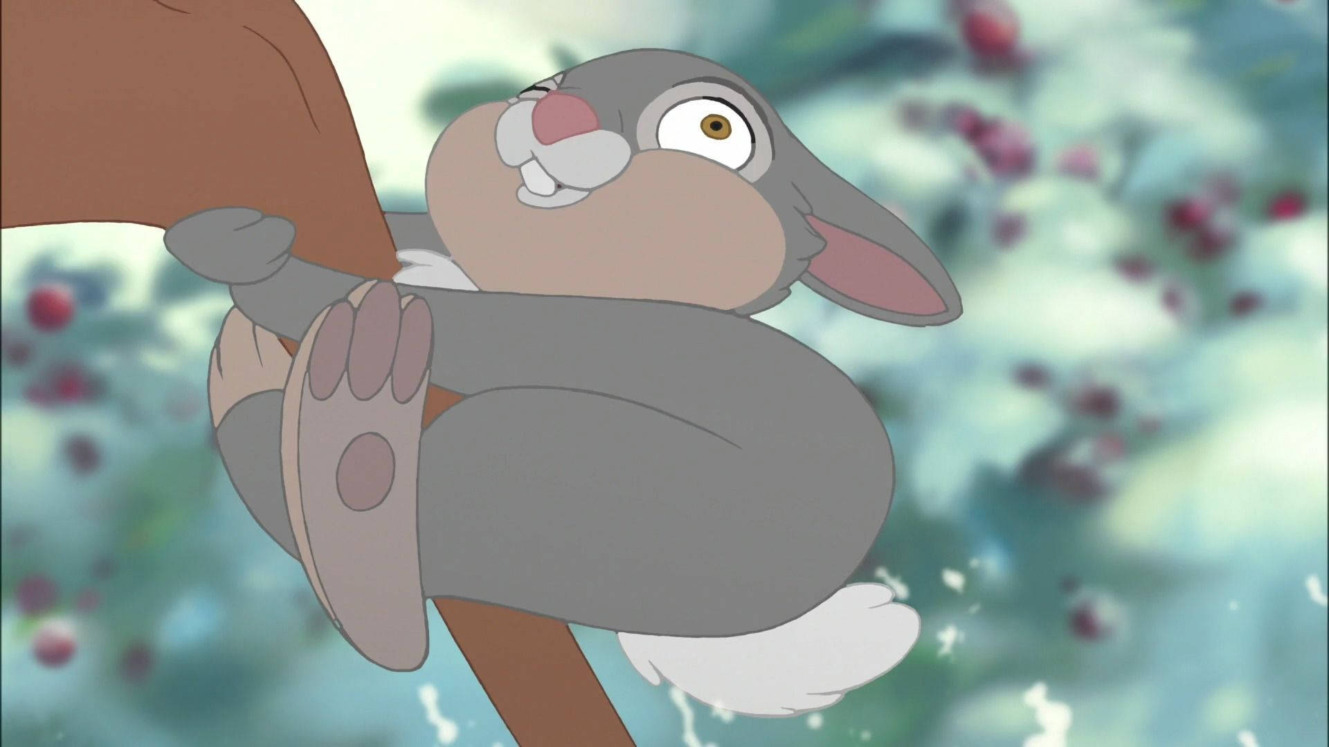 Thumper 桌布 壁紙 — 一隻卡通兔子睜大眼睛，帶著驚訝的表情抓著樹枝，背景是模糊的漿果。