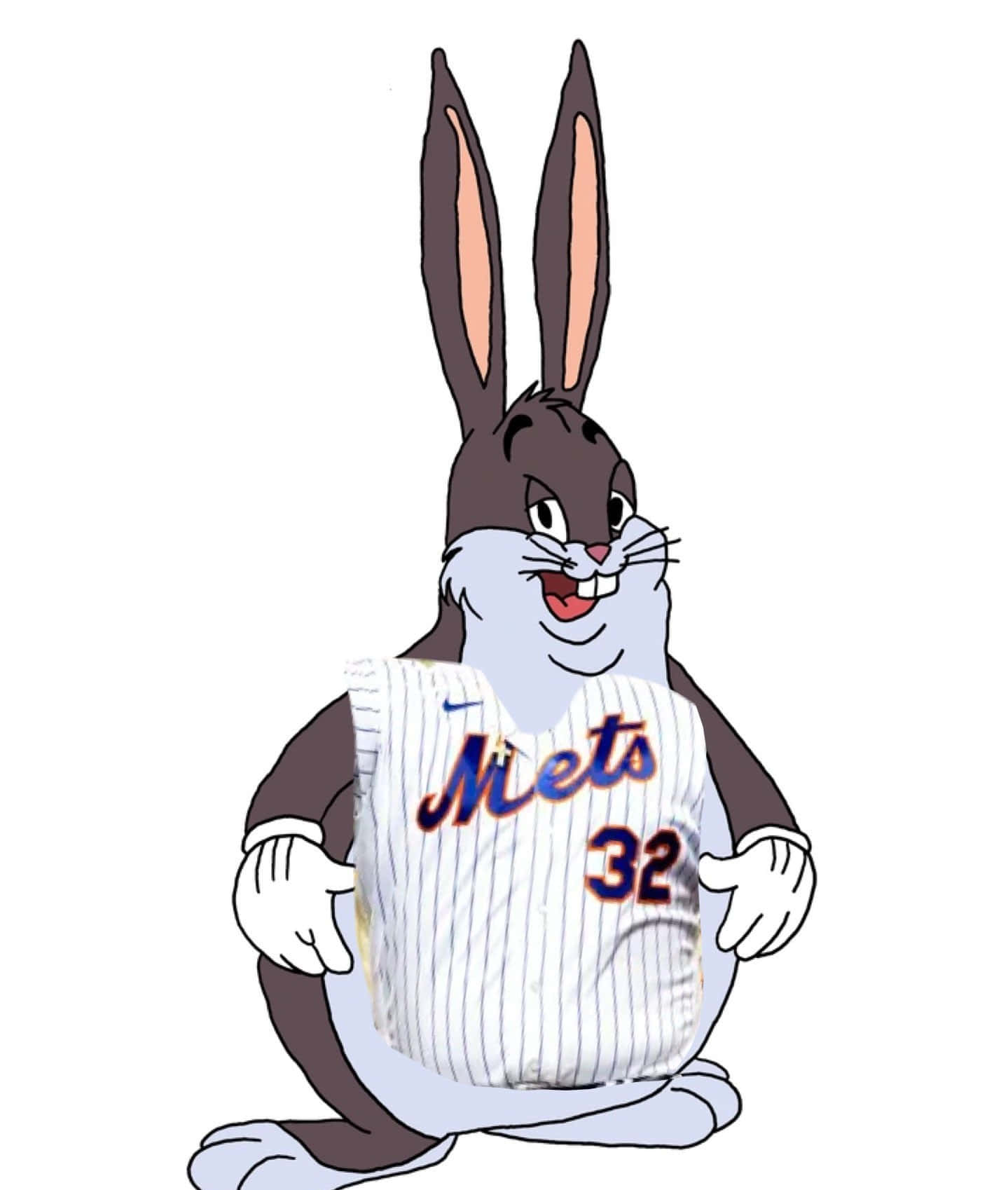 Big Chungus 桌布 壁紙 — 一隻卡通兔子穿著白色細條紋Mets棒球球衣，號碼32，在純白色背景前自豪地微笑。