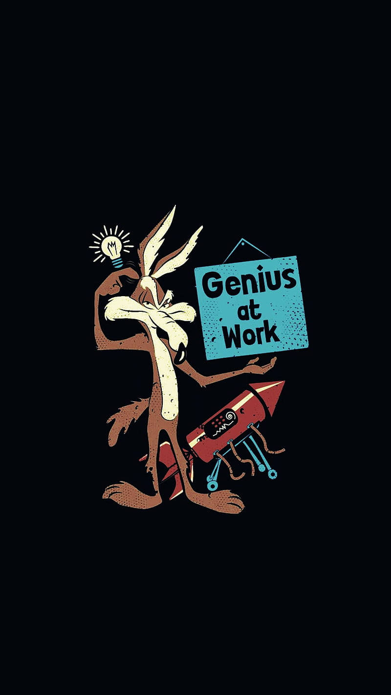 Coyote 桌布 壁紙 — 一隻卡通兔子頭頂有個燈泡，在黑色背景上拿著一個「Genius at Work」的牌子與一支火箭。