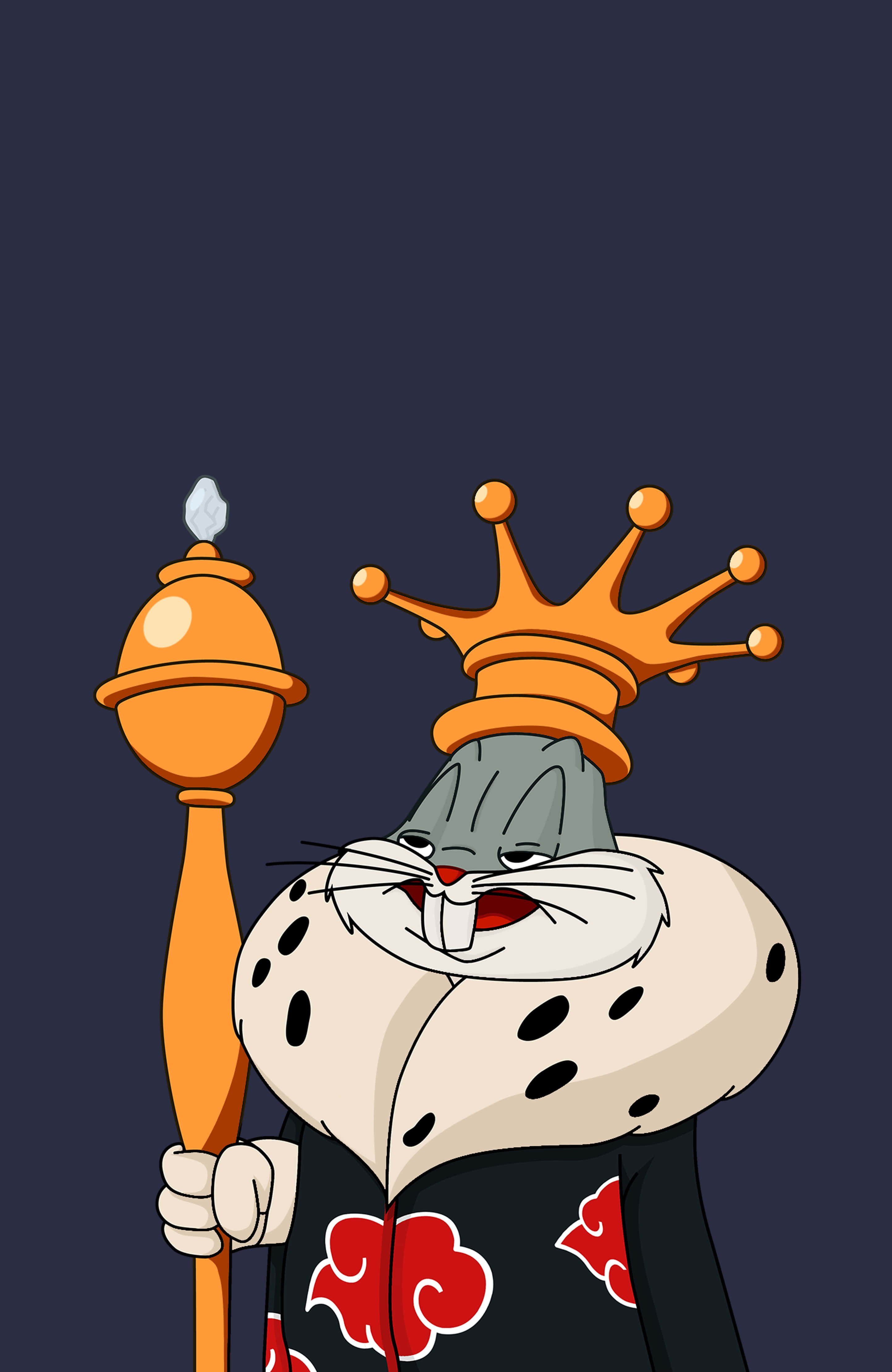 Bugs Bunny iPhone 桌布 壁紙 — 一隻卡通兔戴著皇冠，手持帶有發光球體的權杖，背景為深色。
