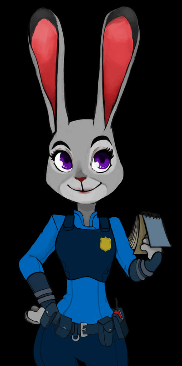 Disney Character 桌布 壁紙 — 一隻卡通兔警察，有紫色眼睛和紅色內耳，在黑色背景上拿著記事本。