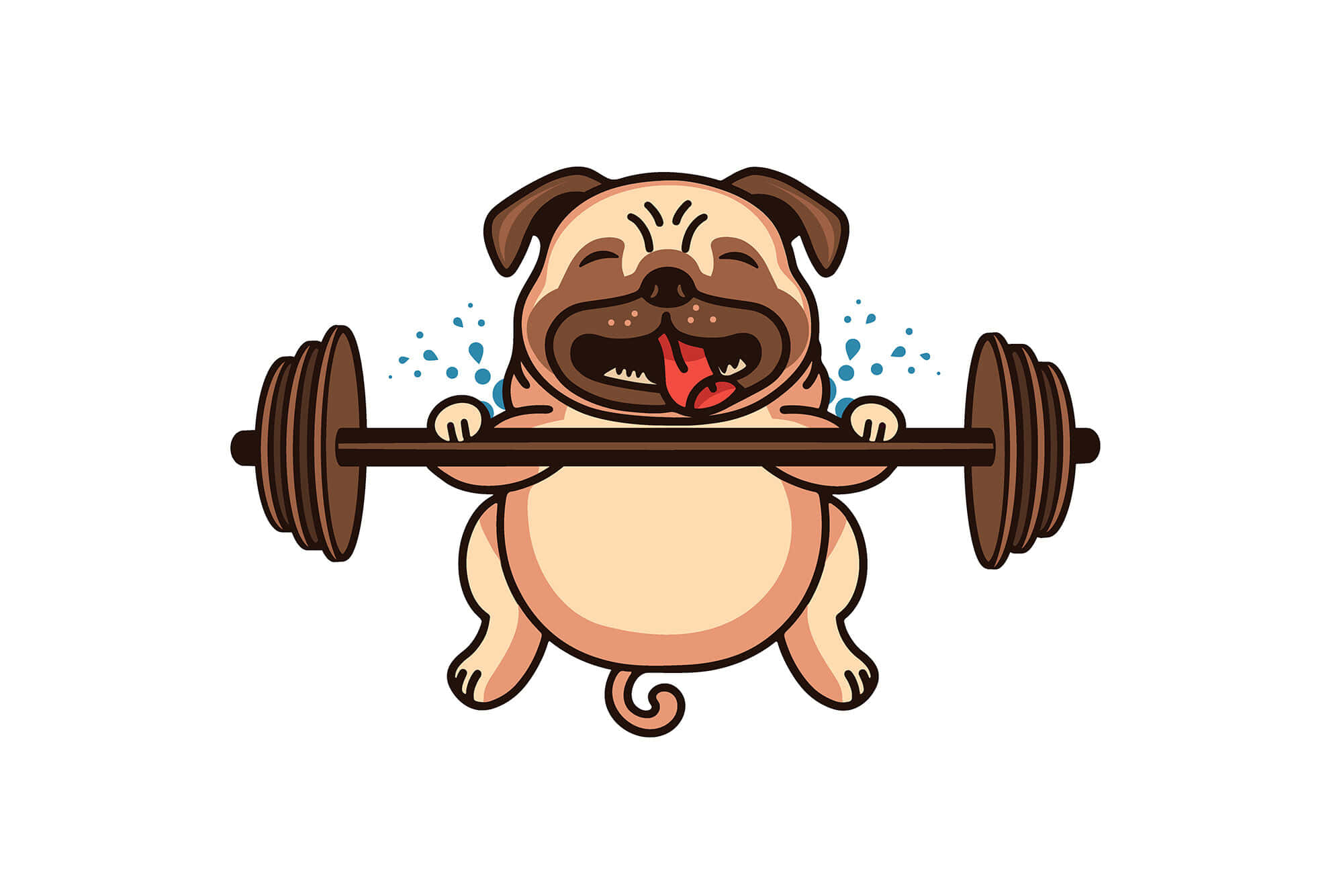 Pug 桌布 壁紙 — 一隻卡通八哥犬開心地用力舉起槓鈴，汗水從牠堅定的臉上飛濺。