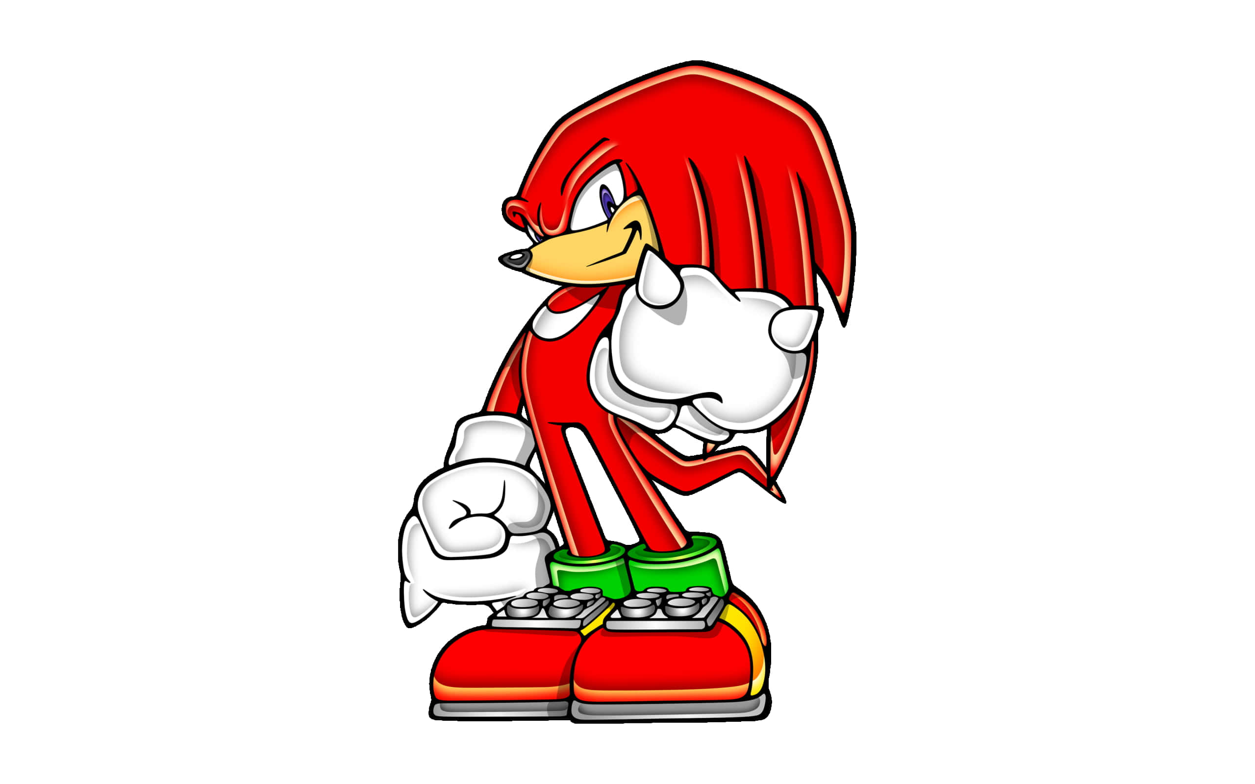 Knuckles 桌布 壁紙 — 一隻卡通刺蝟，有紅色刺和綠色鞋子，自信地站在純白色背景前。