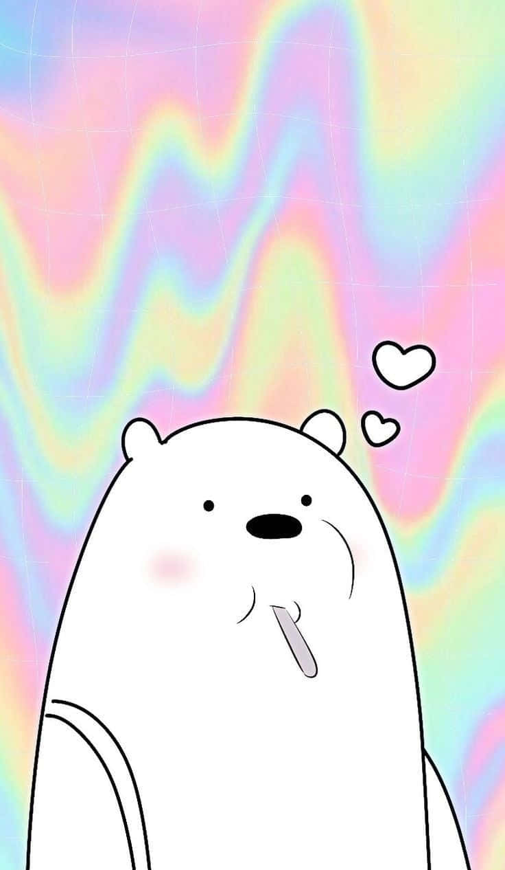 Cartoon Polar Bear 桌布 壁紙 — 一隻卡通北極熊，臉紅並伸出舌頭，背景是波浪形粉彩彩虹和漂浮的心形。