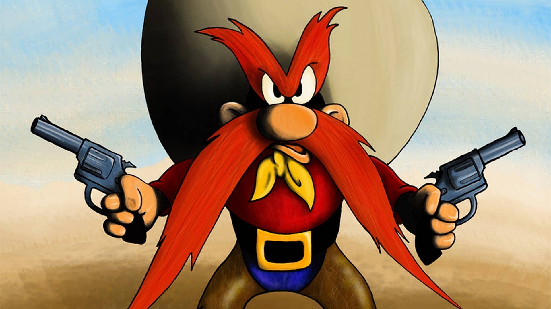 Yosemite Sam 桌布 壁紙 — 一隻卡通啄木鳥，有紅色冠和鬍子，在沙漠環境中拿著兩把左輪手槍。