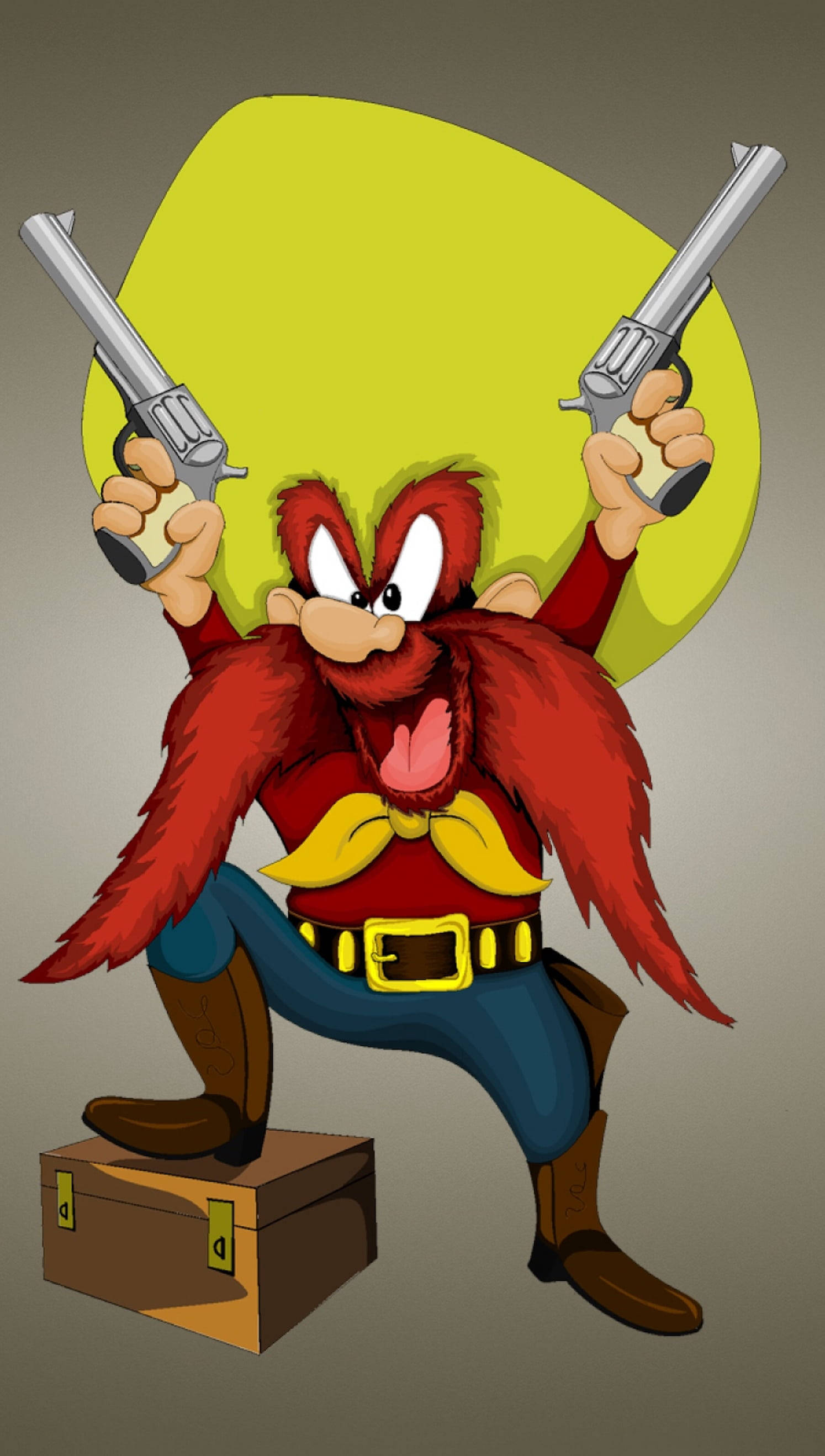 Yosemite Sam 桌布 壁紙 — 一隻卡通啄木鳥穿著牛仔裝，站在一個箱子上，手持兩把左輪手槍，背景是黃色的太陽。