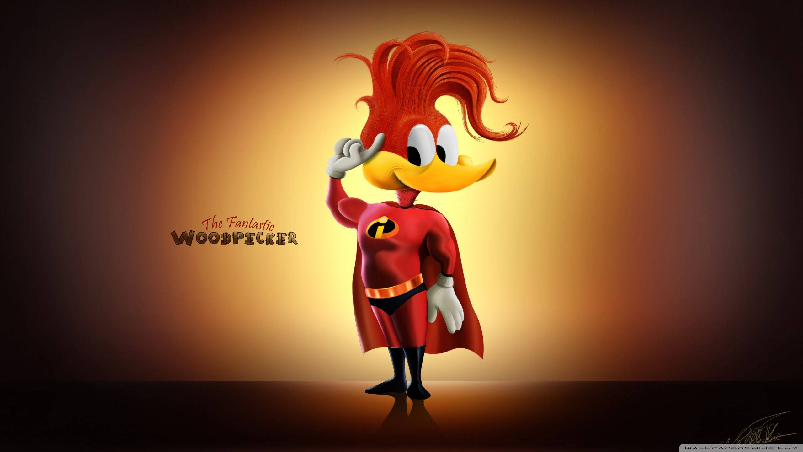 Woody Woodpecker 桌布 壁紙 — 一隻卡通啄木鳥穿著紅色超級英雄服裝，披著斗篷，胸前有「I」標誌，自信地站在溫暖發光的漸變背景前。