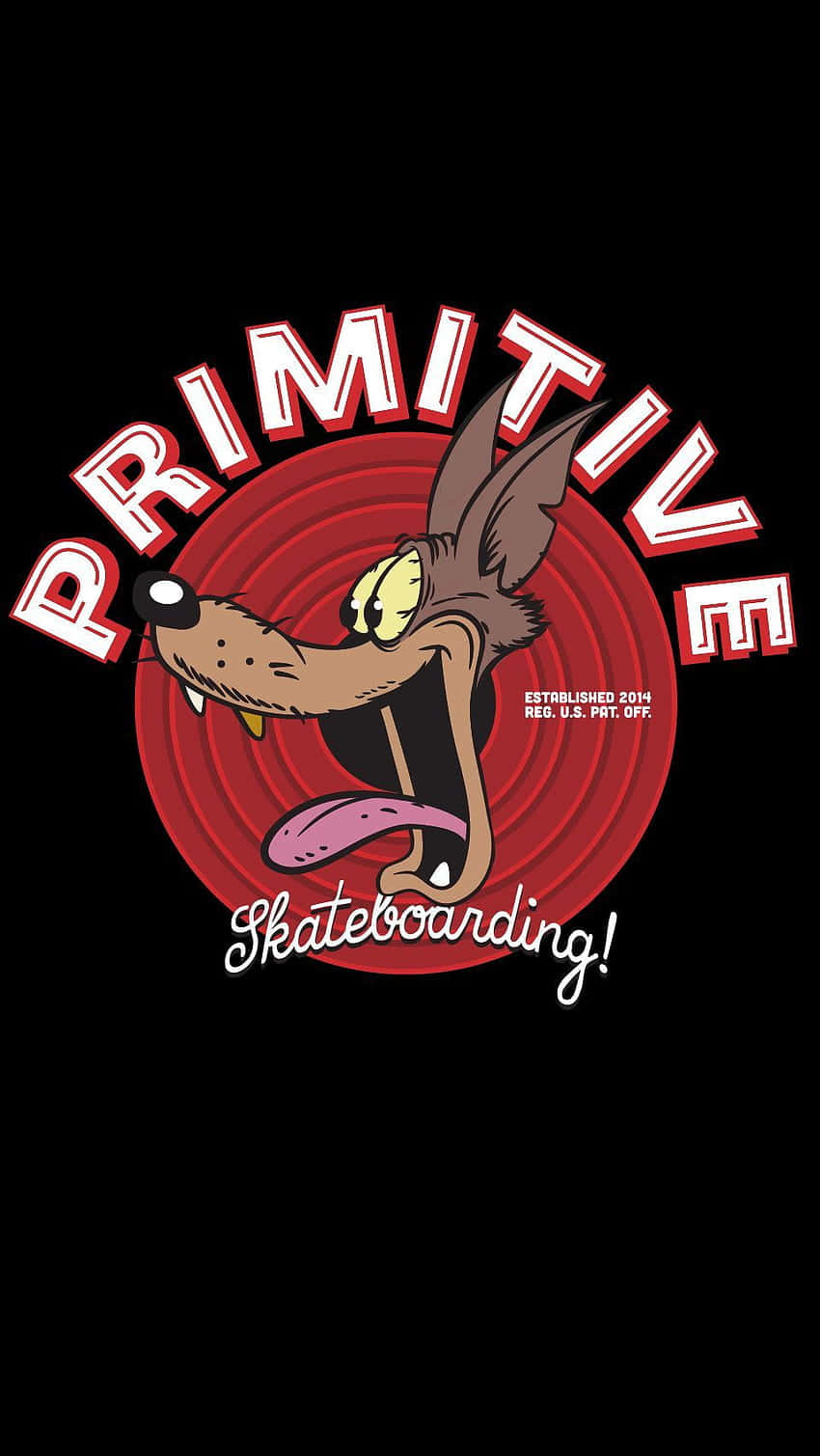 Primitive 桌布 壁紙 — 一隻卡通土狼咧嘴大笑伸出舌頭，背景為紅色圓形，並帶有「PRIMITIVE Skateboarding!」文字。