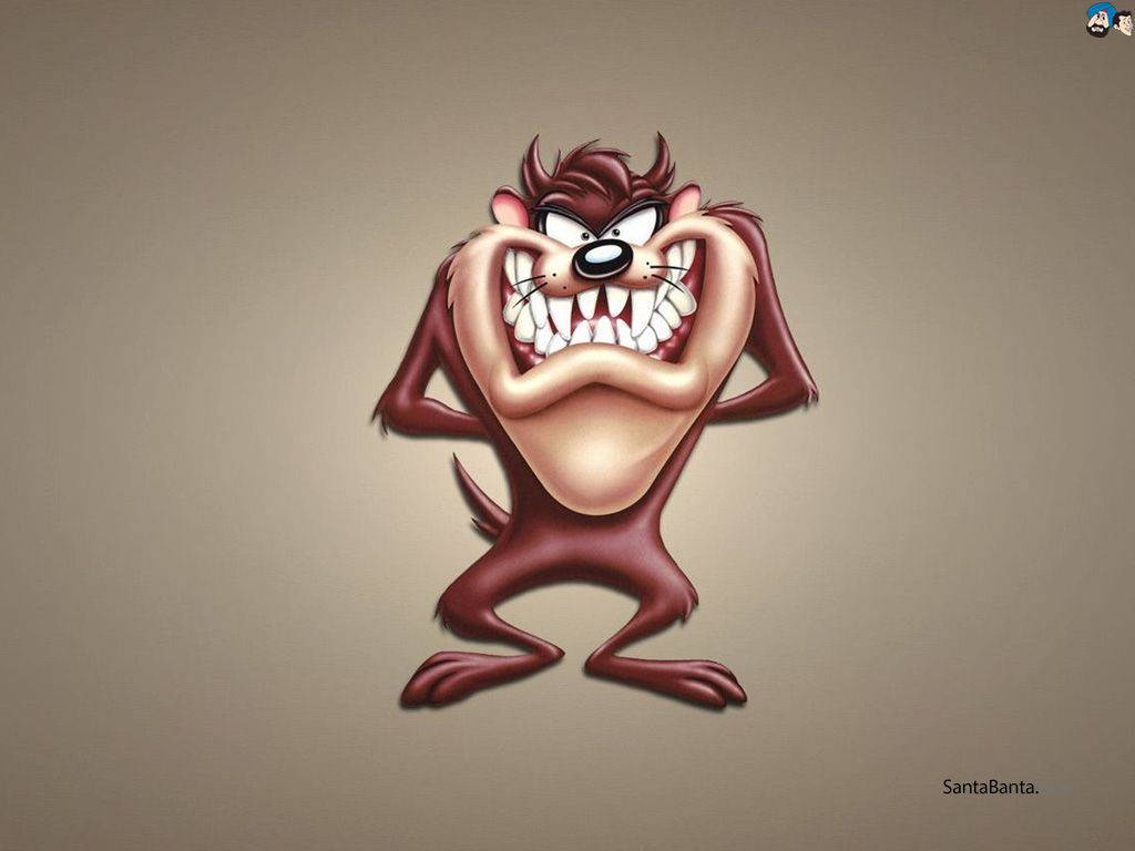 Tasmanian Devil 桌布 壁紙 — 一隻卡通塔斯馬尼亞惡魔，擁有狂野的紅色毛髮和鋒利的牙齒，在純米色背景上露出威脅性的笑容。