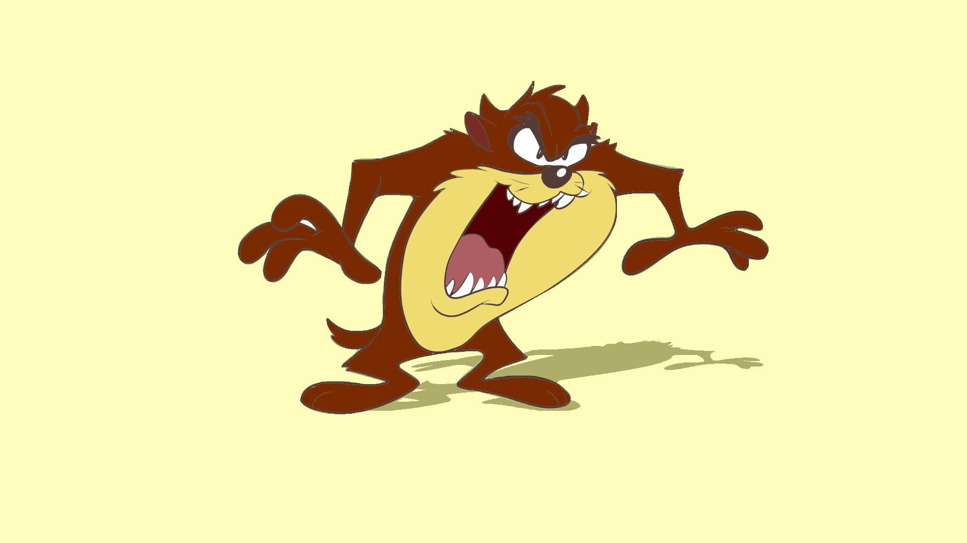 Tasmanian Devil 桌布 壁紙 — 一隻卡通塔斯馬尼亞惡魔，棕色毛髮，黃色腹部，在淡黃色背景上兇猛咆哮。