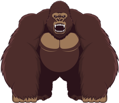 Gorilla 桌布 壁紙 — 一隻卡通大猩猩，棕色毛髮，表情兇猛，在黑色背景上威嚇地站立。