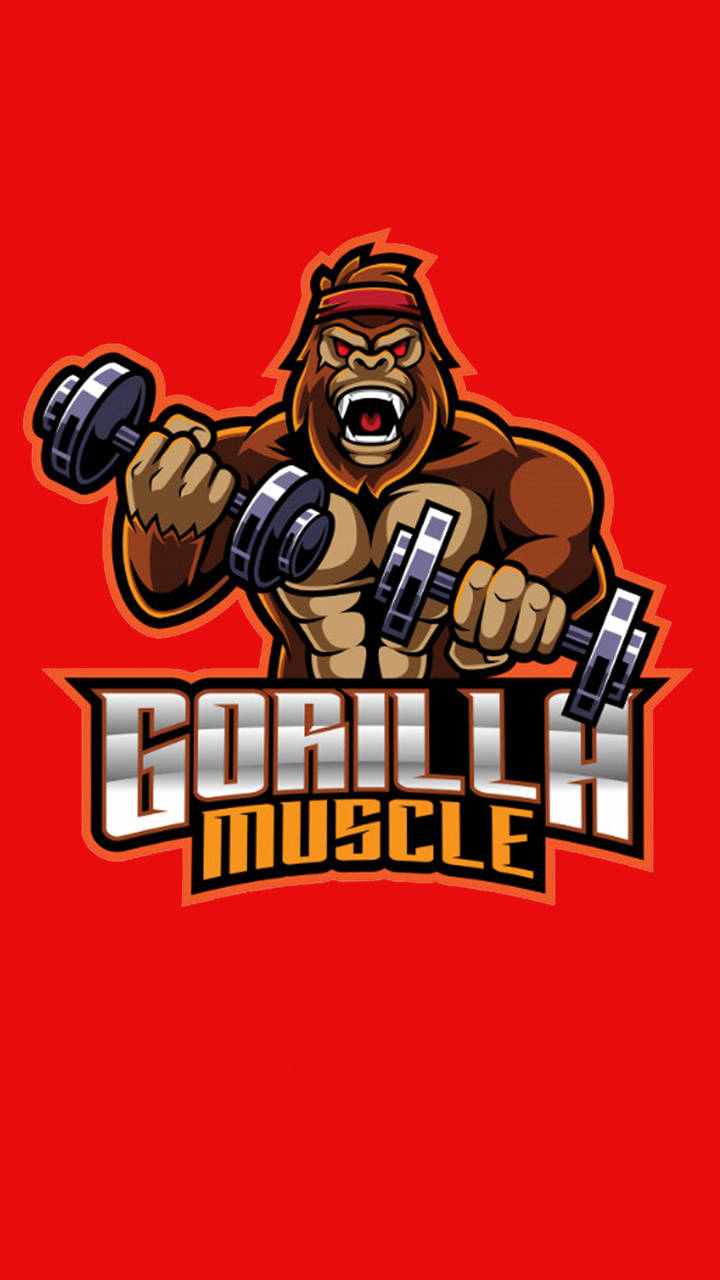 Gorilla 桌布 壁紙 — 一隻卡通大猩猩，紅眼睛，戴頭帶，在純紅色背景上舉起兩個啞鈴，並有粗體「GORILLA MUSCLE」文字。