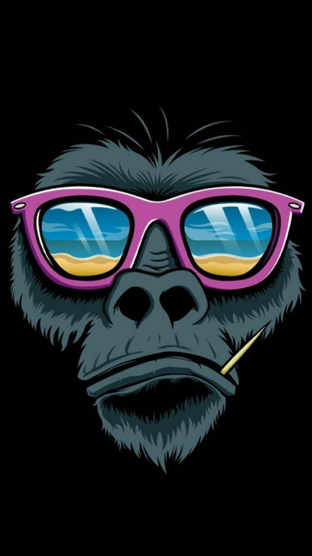 gorilla iPhone 桌布 壁紙 — 一隻卡通大猩猩戴著粉紅色太陽眼鏡，鏡片反射海灘場景，手持香菸，背景為黑色。