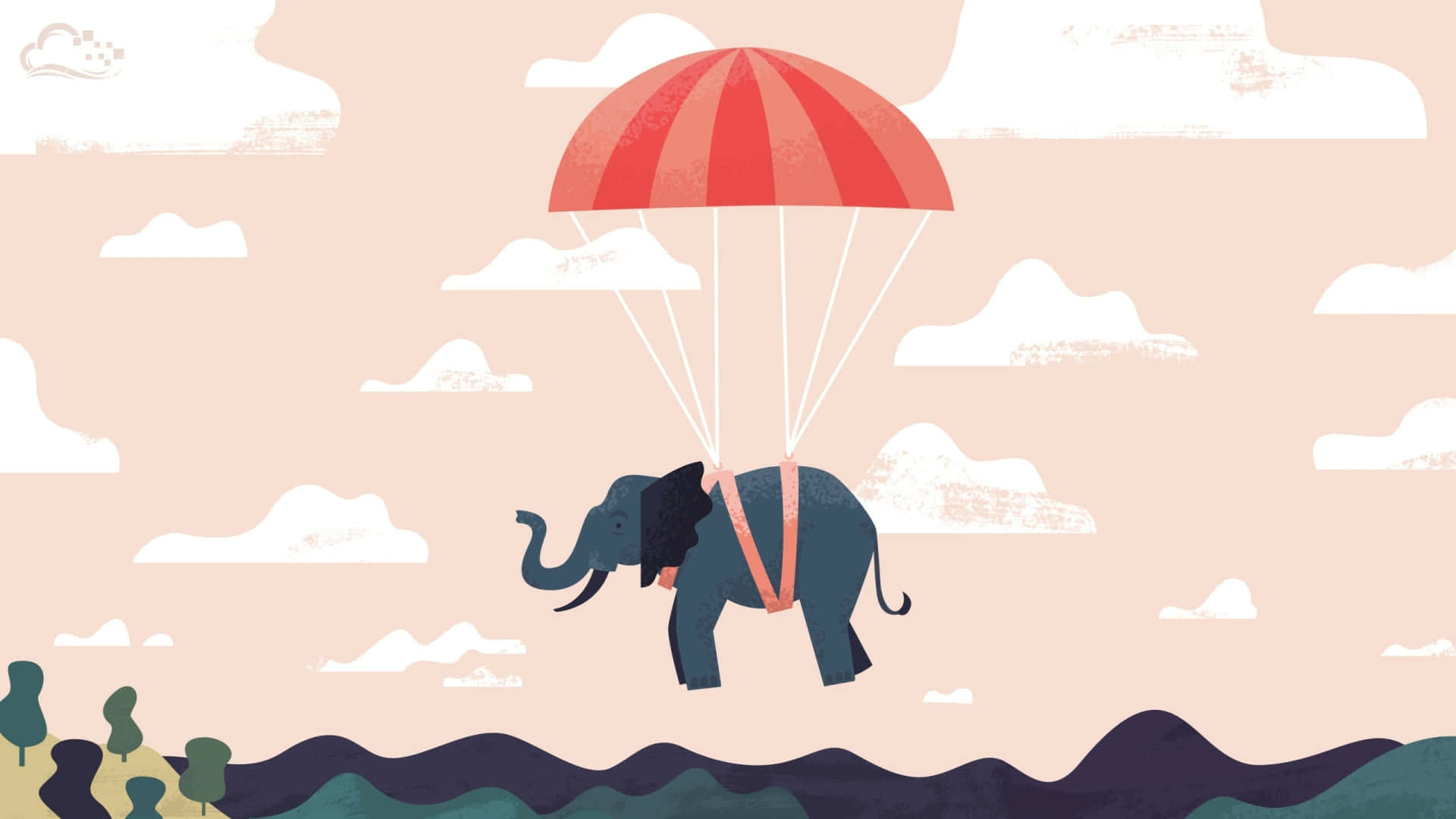 Elephant Laptop 桌布 壁紙 — 一隻卡通大象用降落傘從粉彩天空降落到起伏的山丘和風格化的樹木之上。