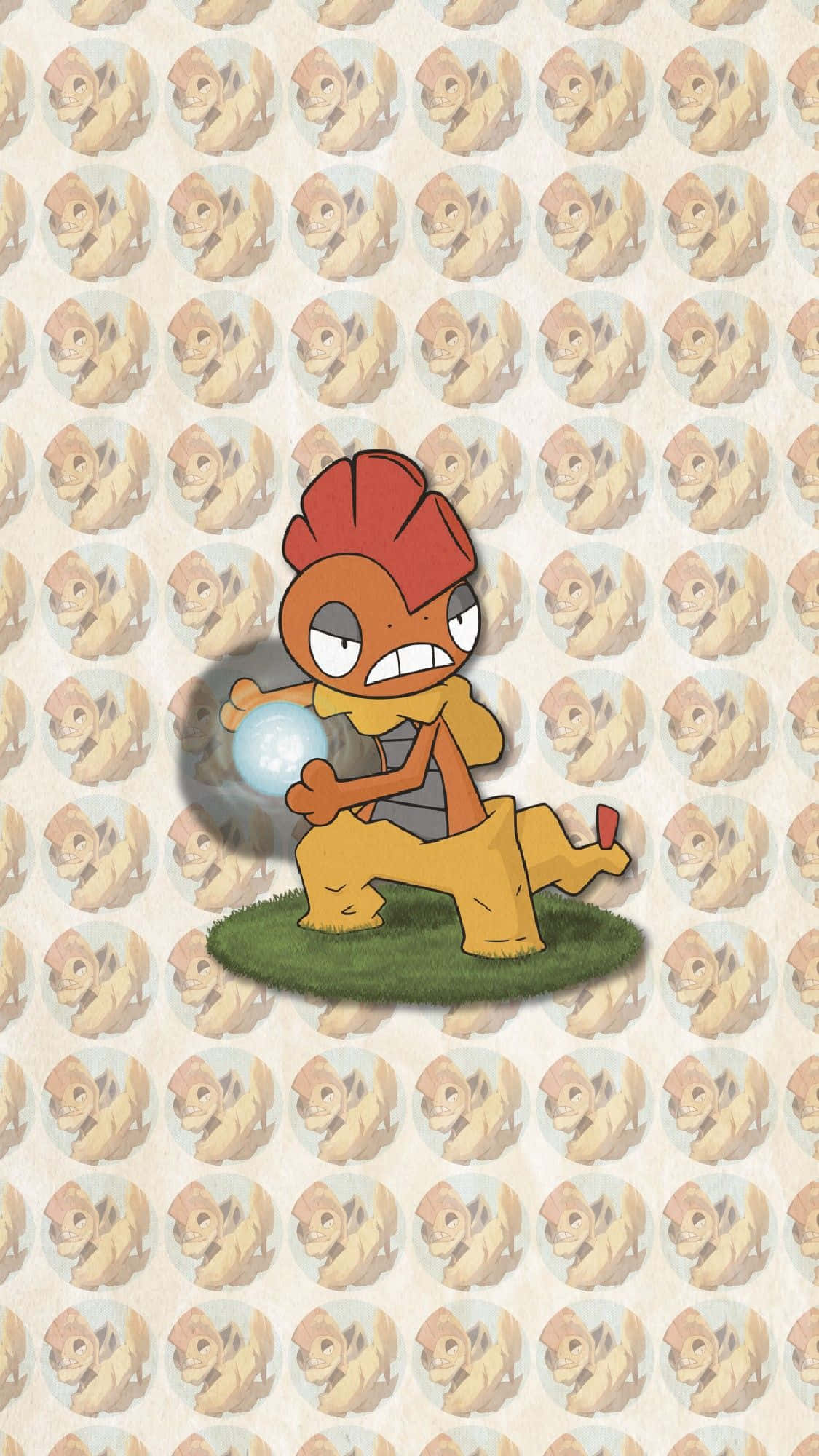 Cartoon Characters 桌布 壁紙 — 一隻卡通寶可夢（Pokémon）有紅色頭髮和黃色身體，站在草地上，手持發光球體，背景為重複圖案。
