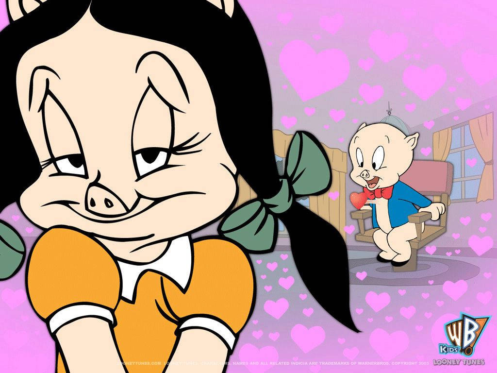 Cartoon 桌布 壁紙 — 一隻卡通小豬穿著藍色西裝拿著愛心，而一隻黑色辮子的母豬在漂浮的粉紅愛心中微笑看著。