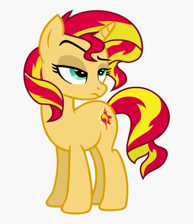 Mlp Phone 桌布 壁紙 — 一隻卡通小馬，擁有火紅和黃色的鬃毛和尾巴，在純色背景前帶著悶悶不樂的表情站立。