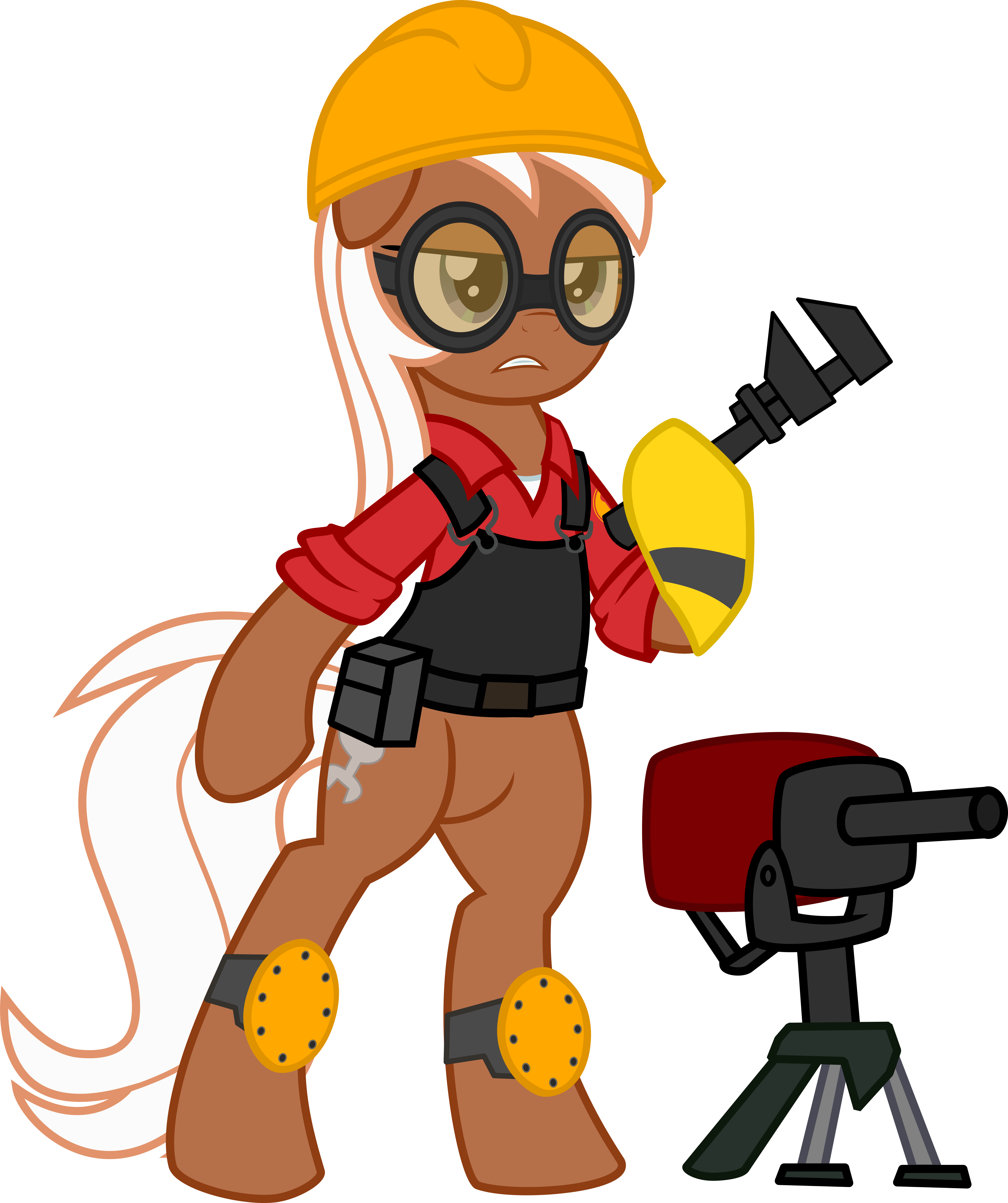 Tf2 桌布 壁紙 — 一隻卡通小馬戴著黃色安全帽和護目鏡，拿著扳手，站在一個紅黑相間的鑽頭旁邊。