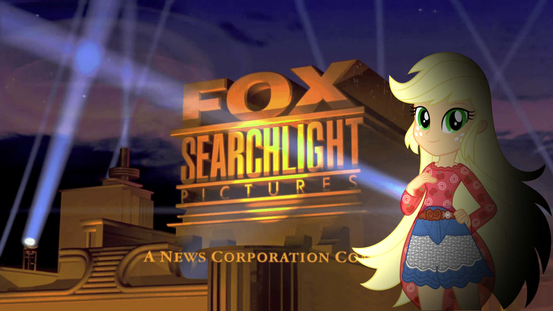 標誌 桌布 壁紙 — 一隻卡通小馬站在發光的Fox Searchlight Pictures標誌旁邊，在夜間戲劇性的聚光燈下。