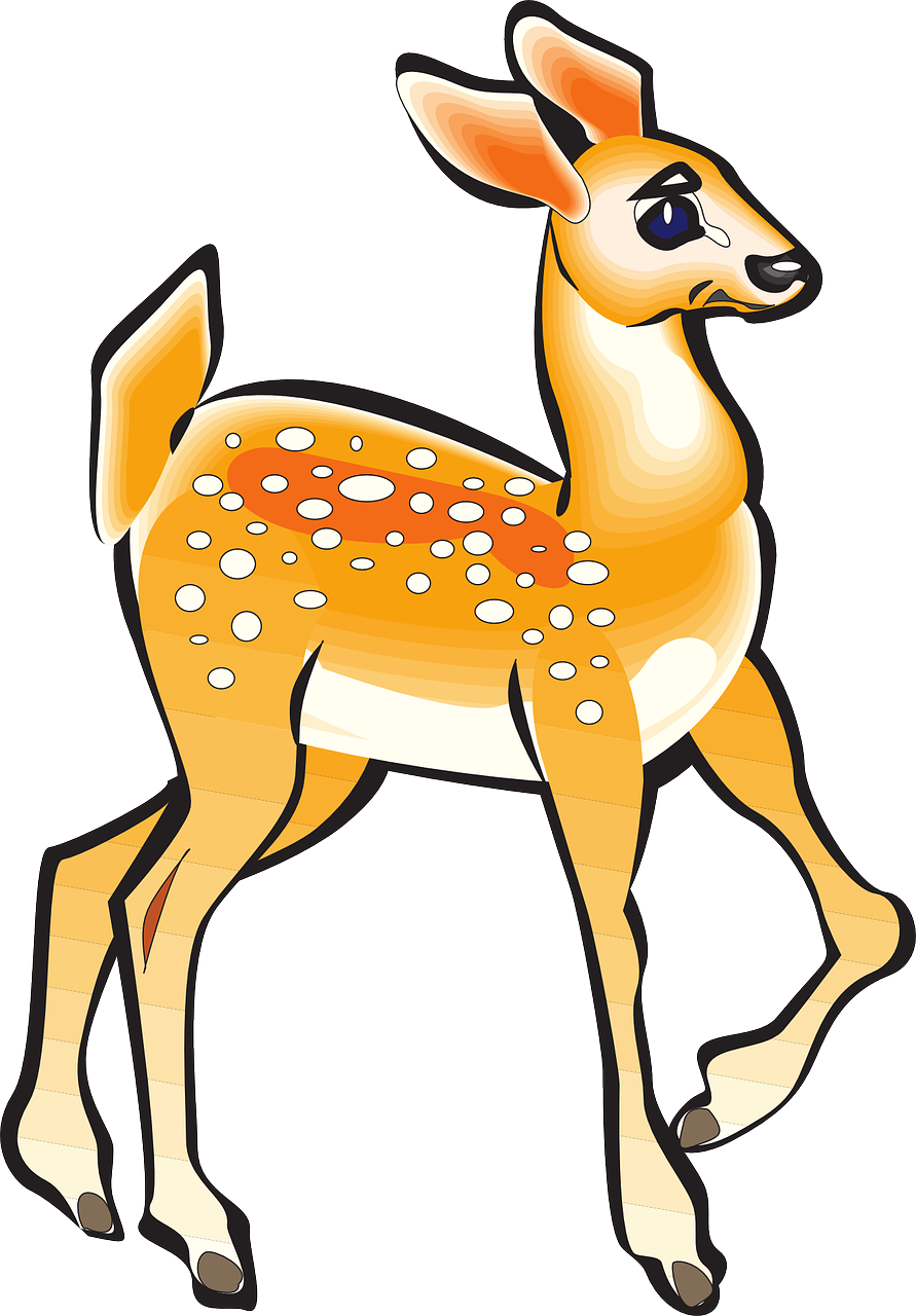 fawn 桌布 壁紙 — 一隻卡通小鹿，帶有橙色斑點和大耳朵，以歡快的姿勢站在純白色背景前。