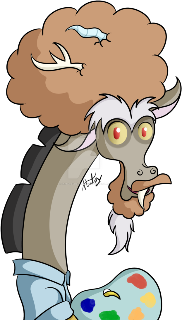 Discord 桌布 壁紙 — 一隻卡通山羊，有著巨大的非洲式髮型和畫家調色板，在黑色背景前拿著畫筆。