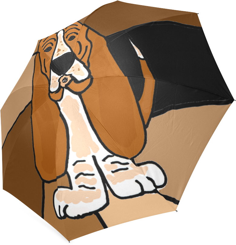 Basset Hound 桌布 壁紙 — 一隻卡通巴吉度獵犬，長耳朵，表情愉快，印在棕色和黑色的雨傘上。