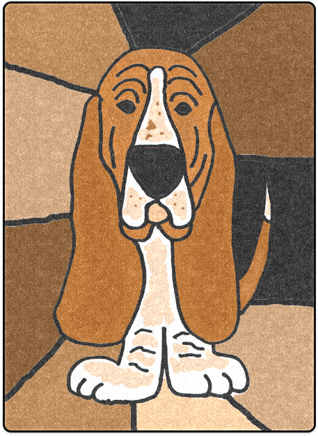 Basset Hound 桌布 壁紙 — 一隻卡通巴吉度獵犬，長著長長的垂耳和黑色的鼻子，站在一塊帶有幾何圖案的棕色紋理地毯上。