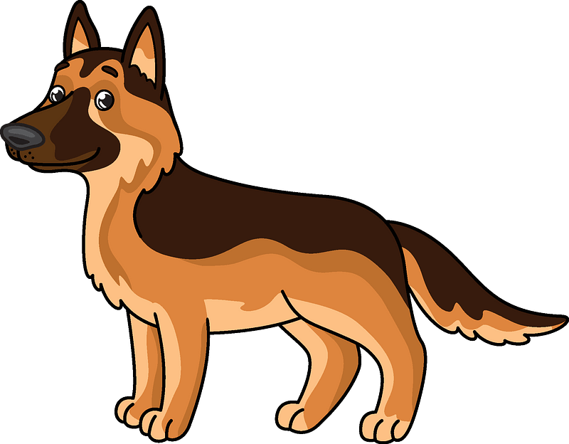 德國狼犬 桌布 壁紙 — 一隻卡通德國牧羊犬豎起耳朵，表情友善，警覺地站在純青色背景前。