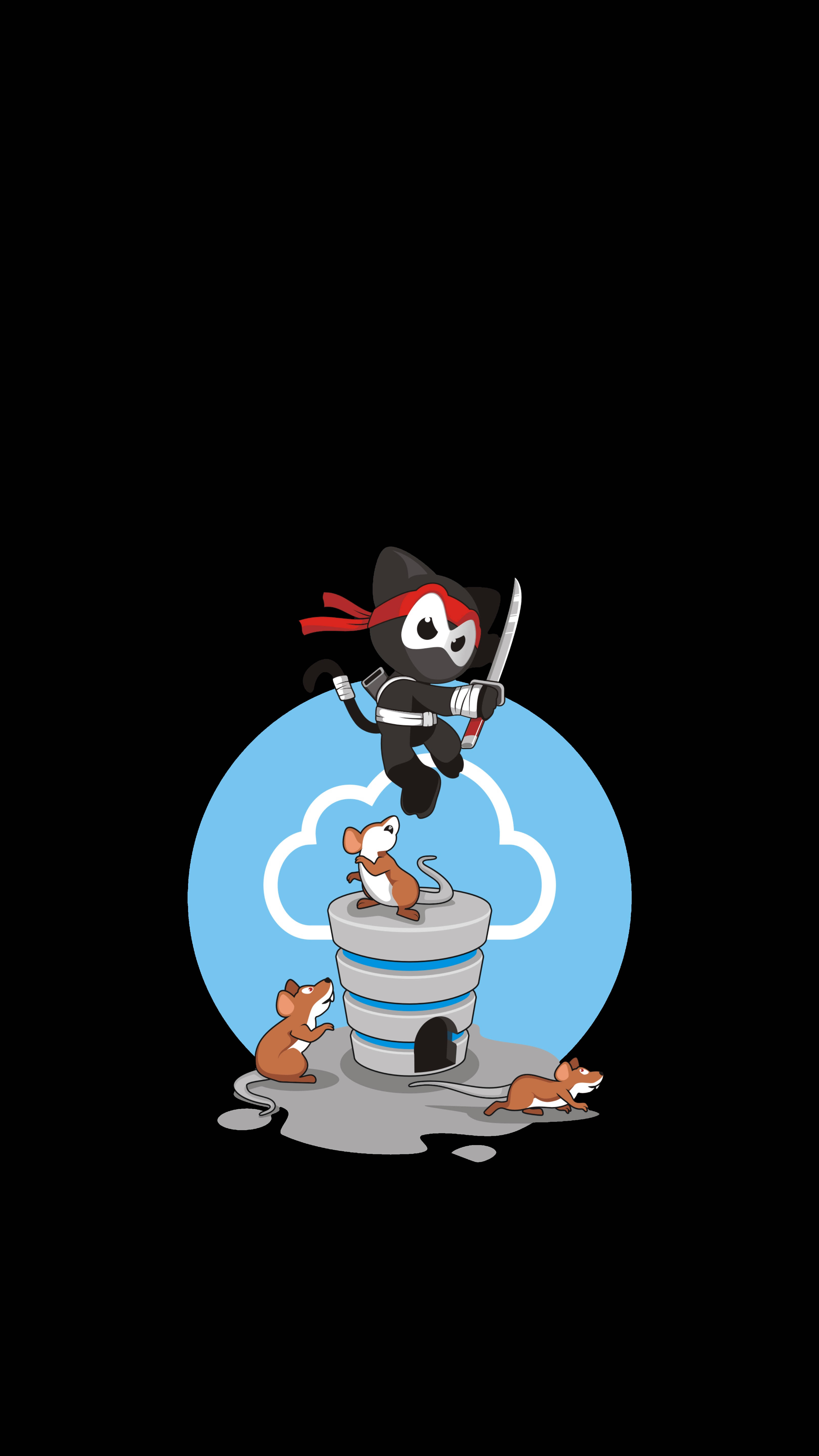 Mouse 桌布 壁紙 — 一隻卡通忍者貓持劍跳過垃圾桶，下方三隻老鼠在黑色背景上逃跑。