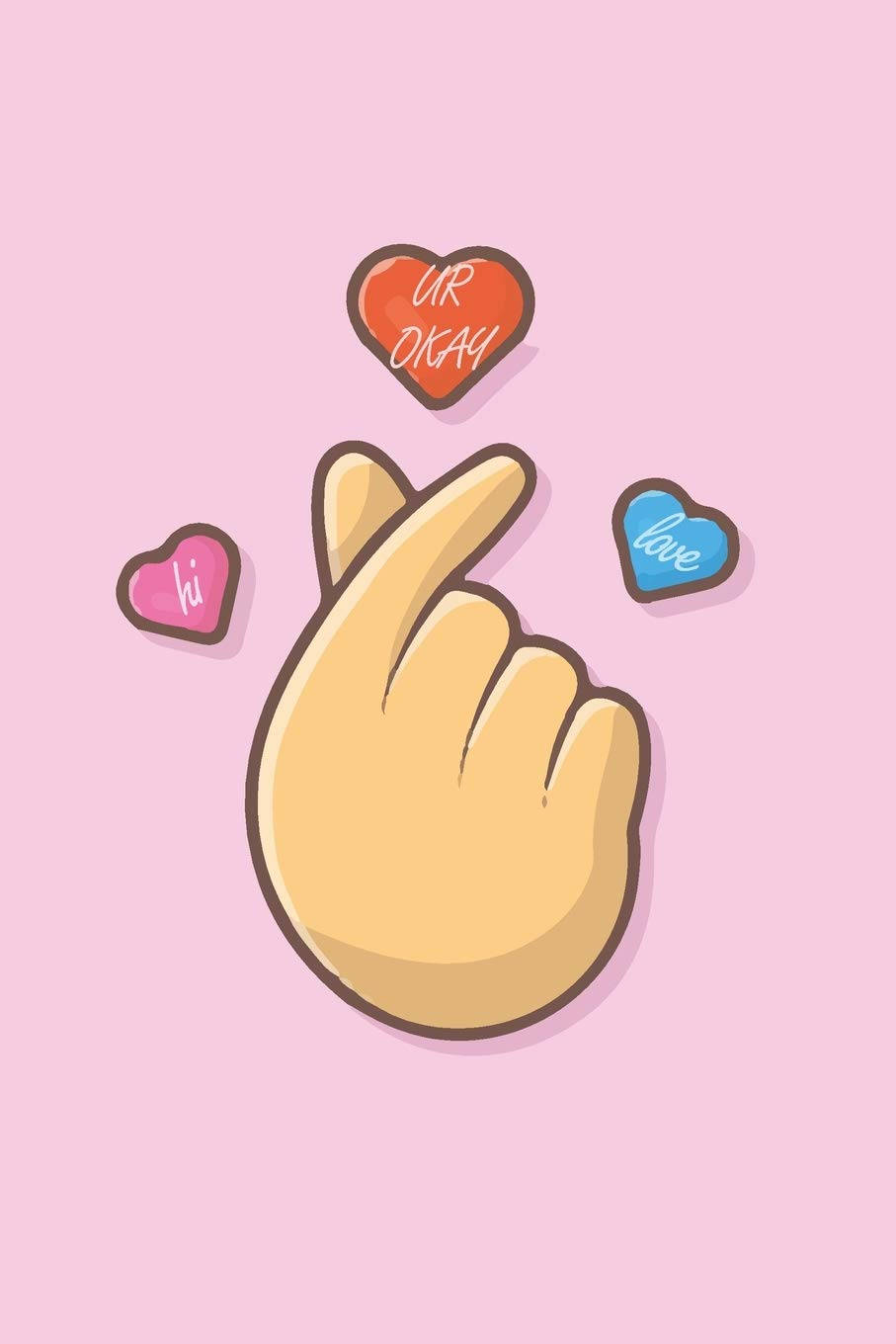 Cute Heart 桌布 壁紙 — 一隻卡通手做出和平手勢，被三個帶有訊息的彩色心形包圍，背景是柔和的粉紅色。