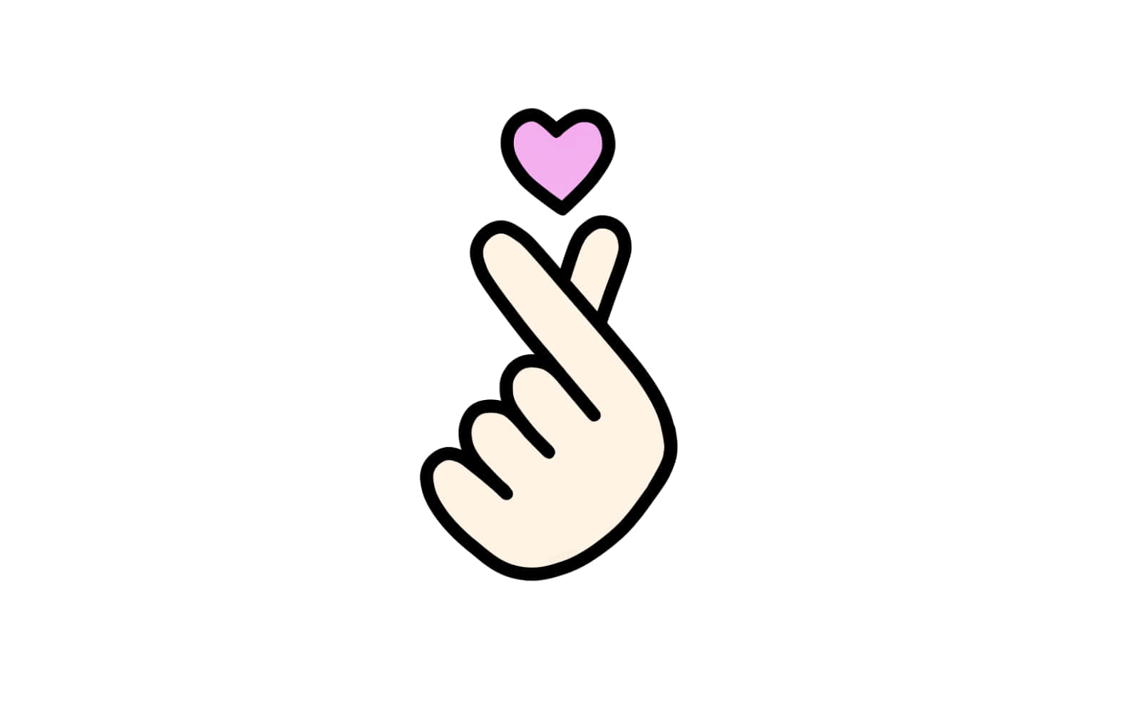Finger Heart 桌布 壁紙 — 一隻卡通手做出心形手勢，上面漂浮著一個粉紅色的心形，背景是純白色。