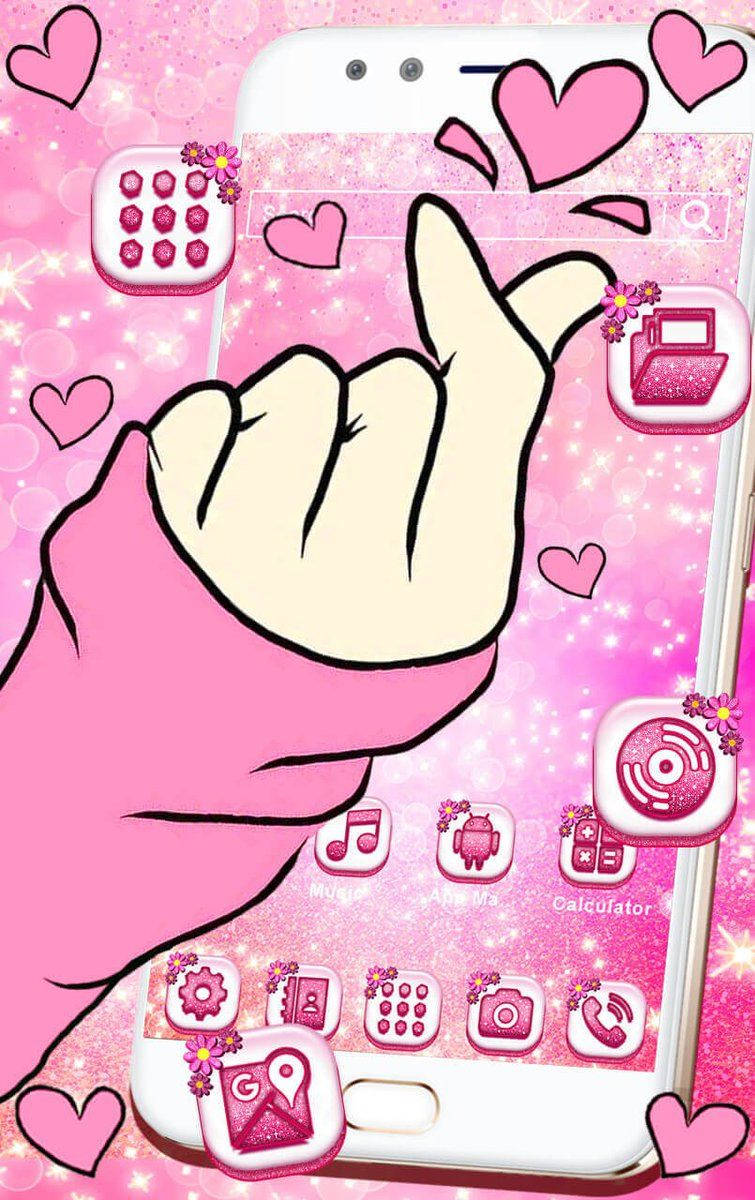 girly pink aesthetic 桌布 壁紙 — 一隻卡通手在粉紅色閃亮手機桌布上做出心形手勢，周圍有漂浮的心形和應用程式圖示。