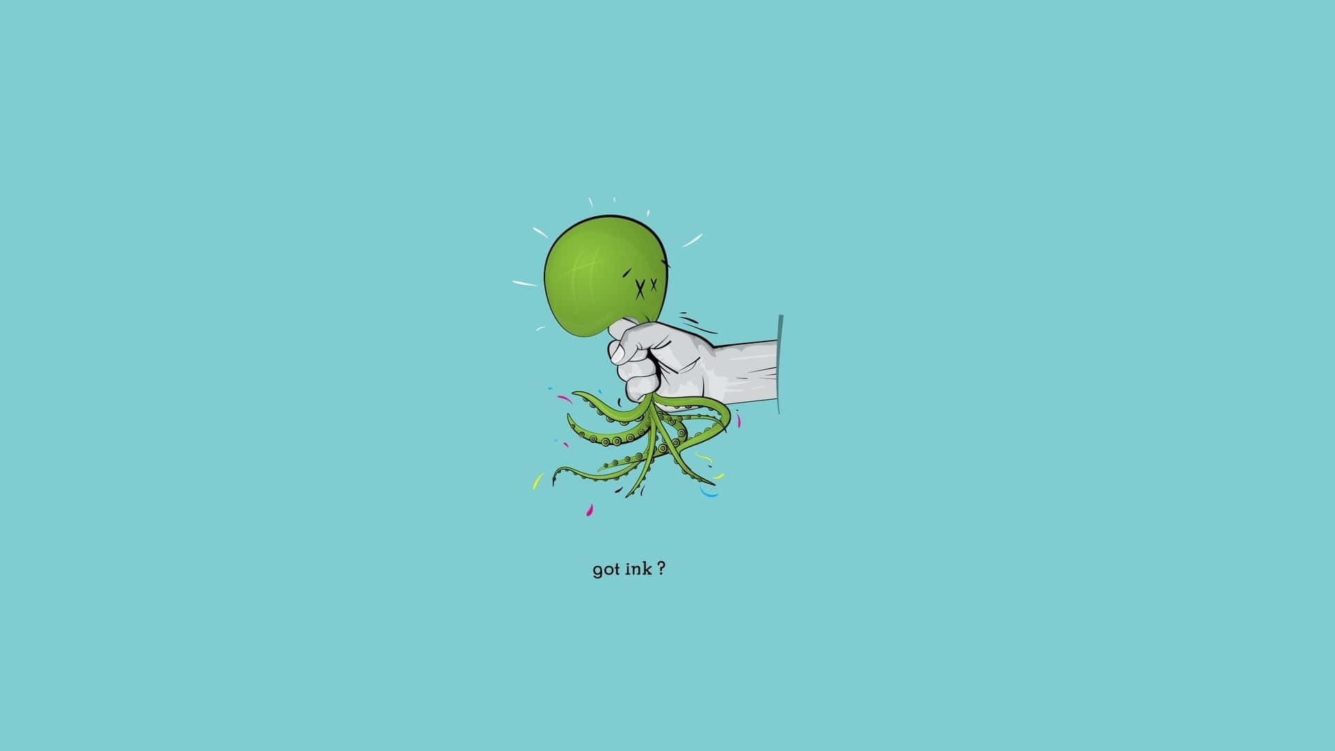 Minimal Art 桌布 壁紙 — 一隻卡通手擠壓一個綠色章魚氣球，在青綠色背景上釋放出彩色墨水。