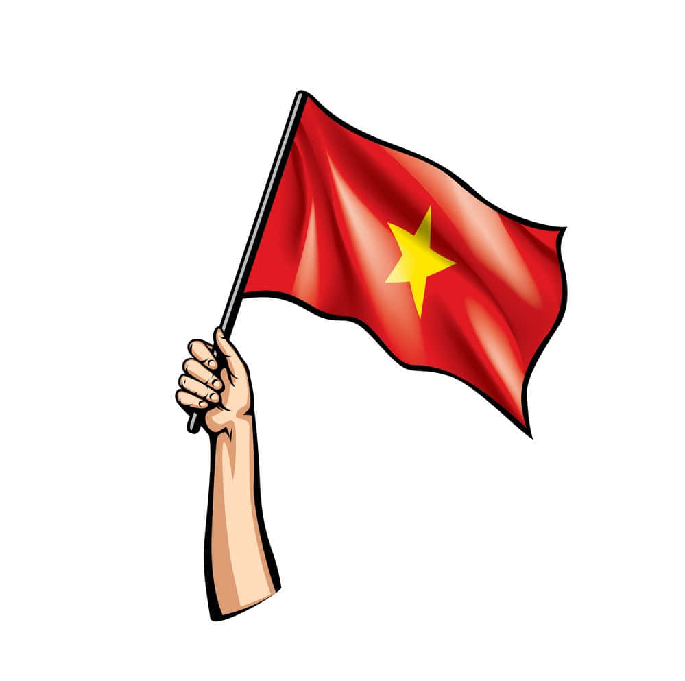 越南 桌布 壁紙 — 一隻卡通手舉起一面紅色越南國旗，上面有一顆黃色星星，在白色背景上飄揚。