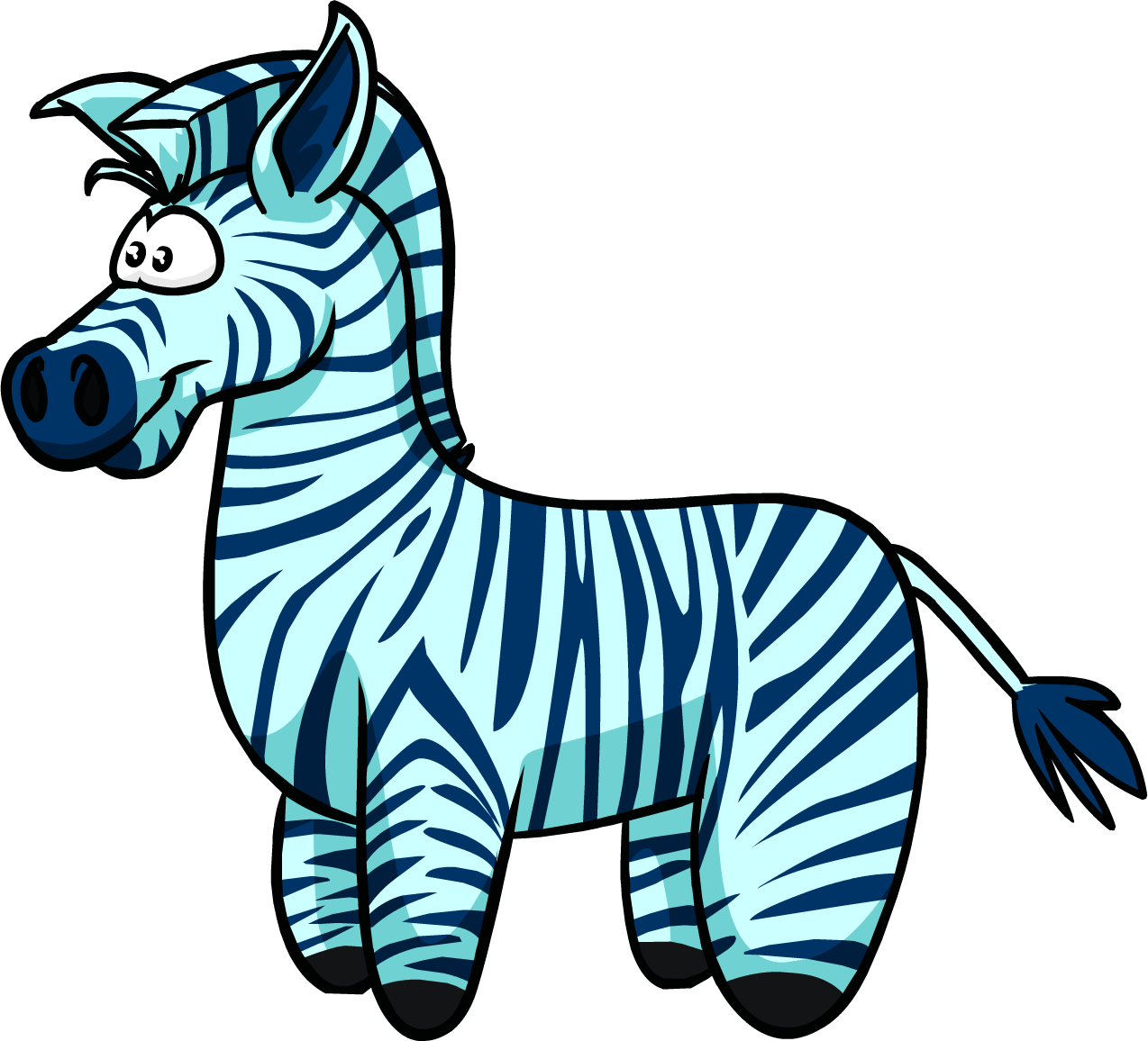 Zebra 桌布 壁紙 — 一隻卡通斑馬，帶有淺藍色和深藍色條紋，站在純黑色背景上，表情俏皮。