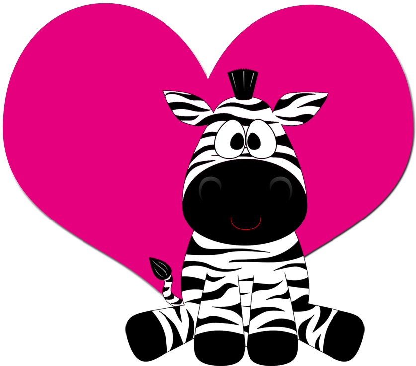 Zebra 桌布 壁紙 — 一隻卡通斑馬帶著愉快的笑容坐在黑色背景前一個亮粉色的心形前面。