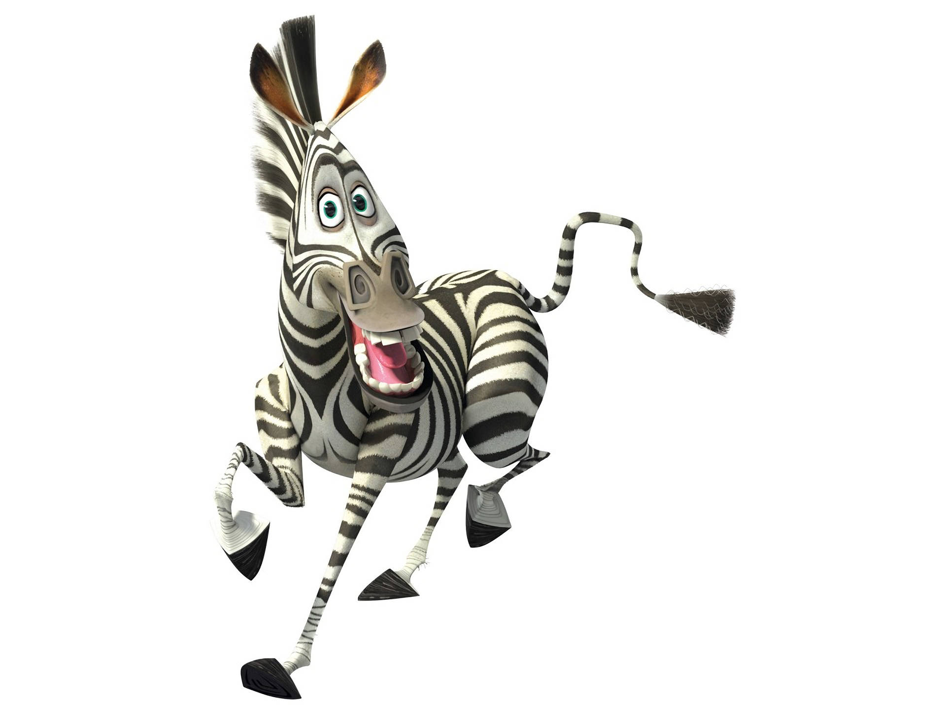 Madagascar 桌布 壁紙 — 一隻卡通斑馬睜大眼睛、張開嘴巴，在純白色背景上歡快地跳躍。