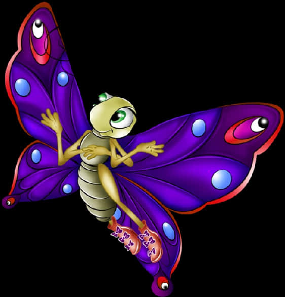Butterflies 桌布 壁紙 — 一隻卡通昆蟲，擁有紫色翅膀和大綠色眼睛，漂浮在黑色背景上。