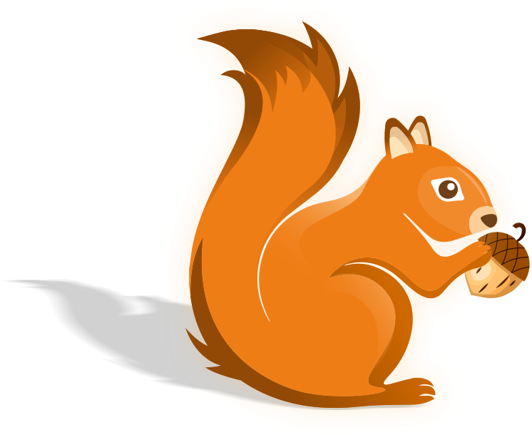 松鼠 桌布 壁紙 — 一隻卡通松鼠，尾巴蓬鬆，在黑色背景上拿著一顆橡子，帶有發光的黃色輪廓。
