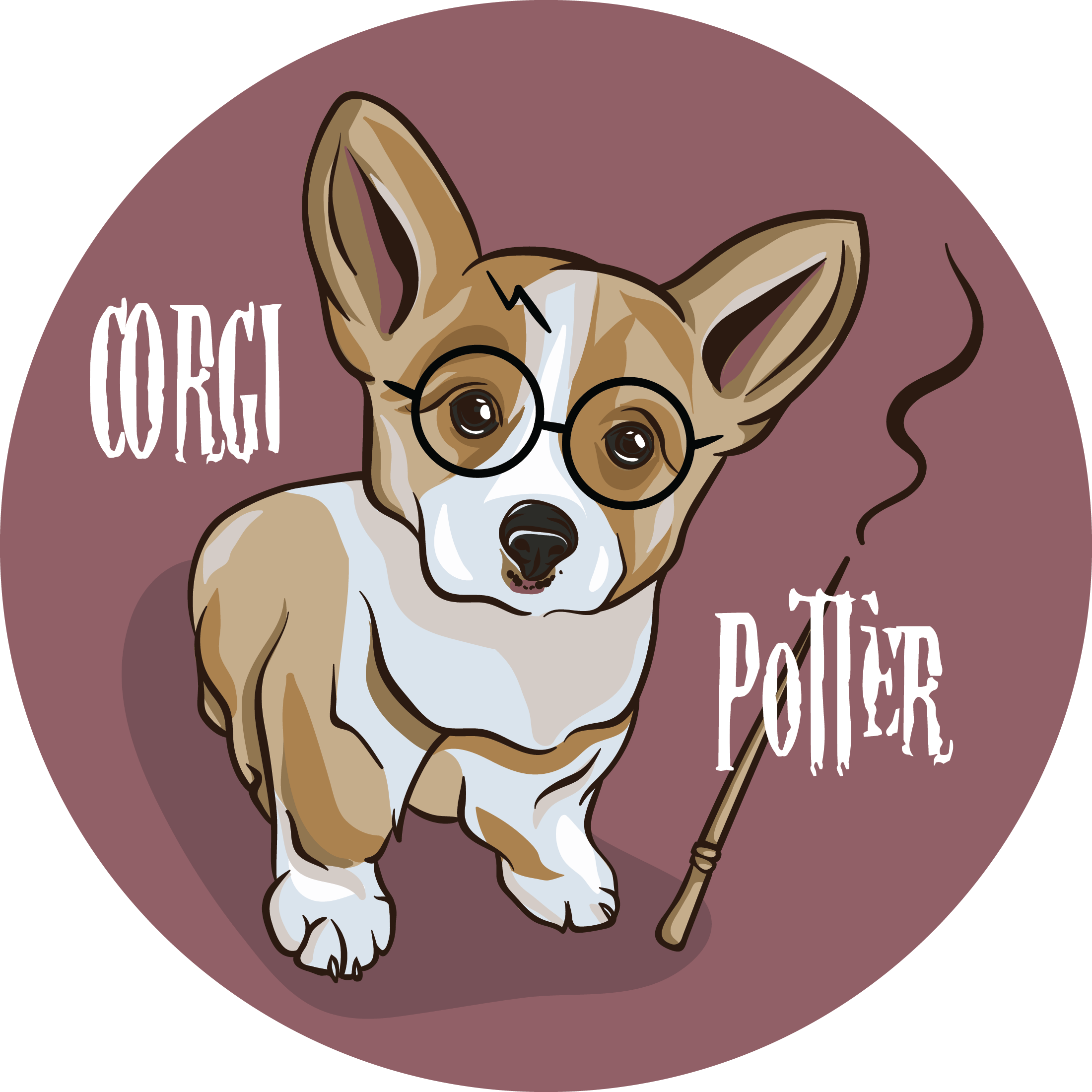 柯基 桌布 壁紙 — 一隻卡通柯基犬戴著圓形眼鏡，手持冒煙的魔杖，造型像哈利波特。