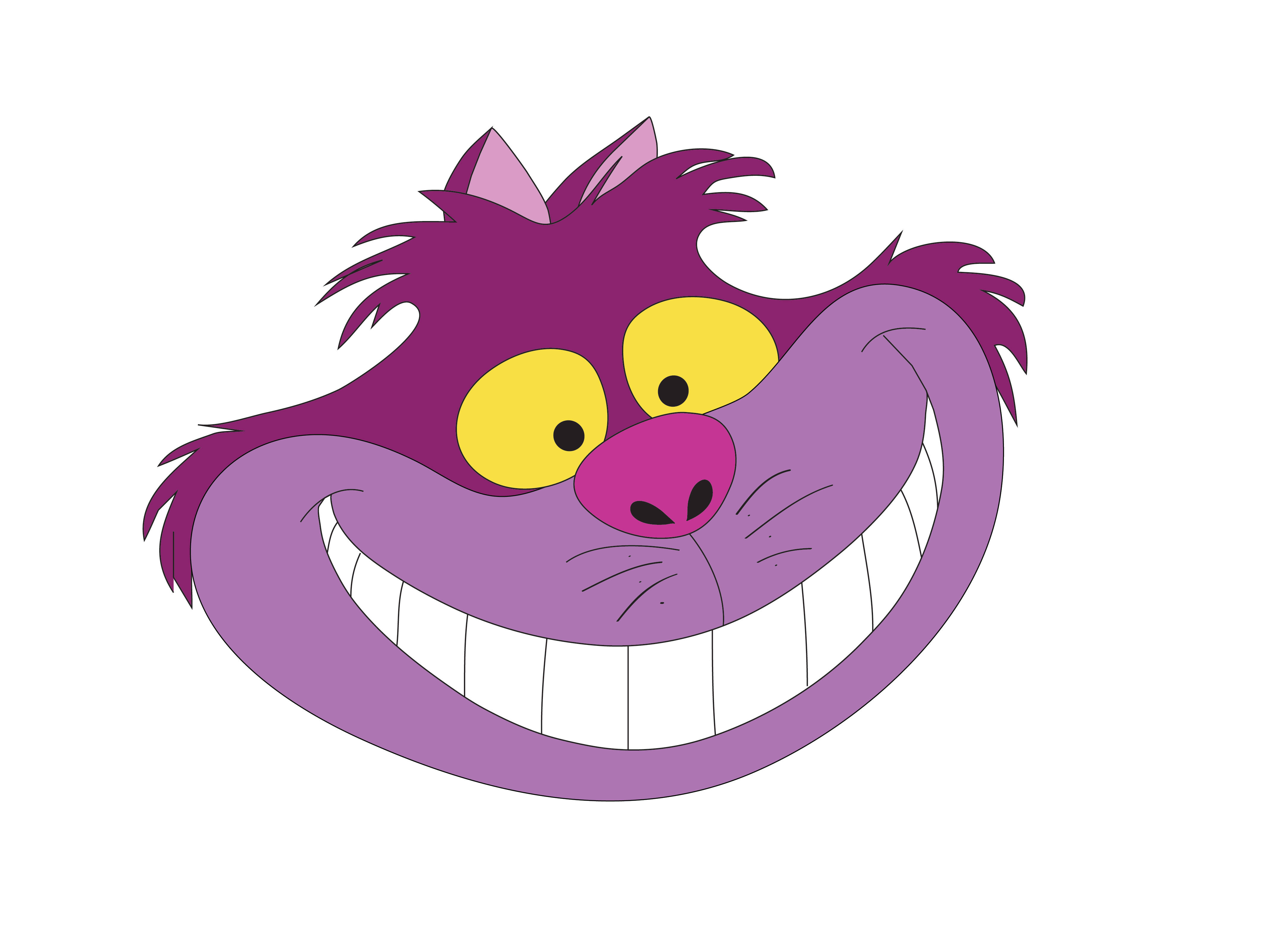 Smile 桌布 壁紙 — 一隻卡通柴郡貓，擁有紫色毛髮、黃色眼睛和寬闊的露齒笑容，背景為純白色。