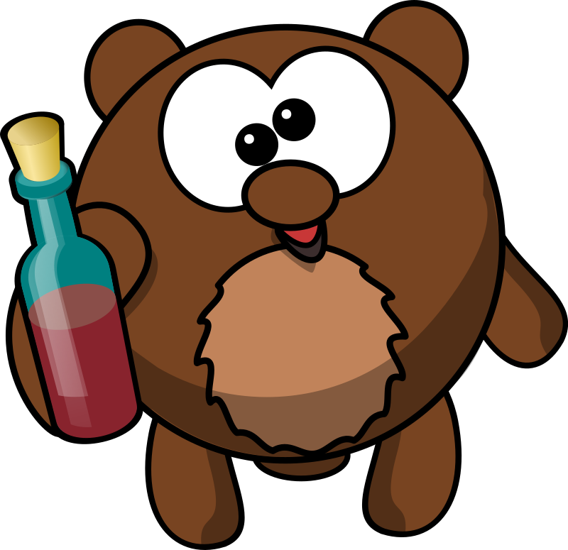 Drunk 桌布 壁紙 — 一隻卡通棕色大眼熊在黑色背景前拿著一瓶紅色液體。