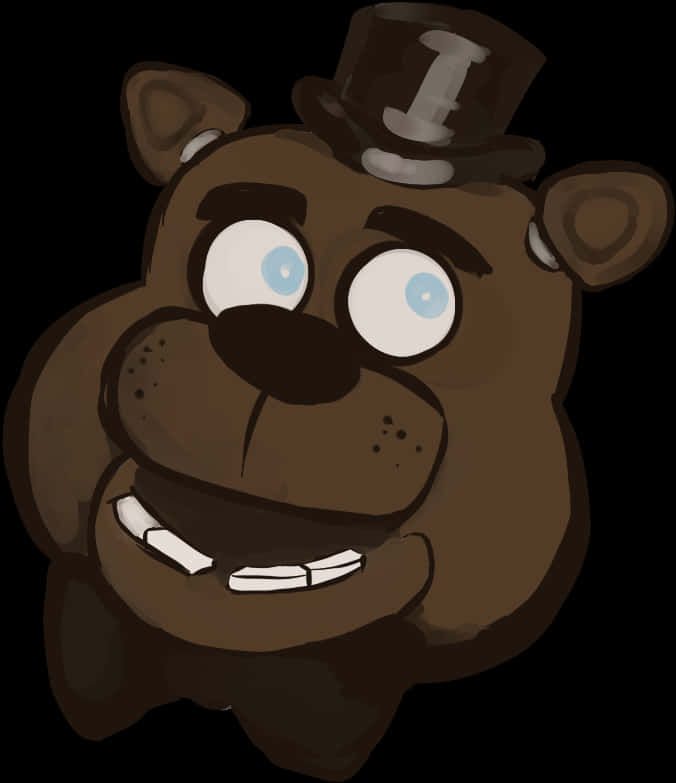 Freddy Fazbear 桌布 壁紙 — 一隻卡通棕色熊，藍色眼睛，戴著高帽，在黑色背景上微笑。