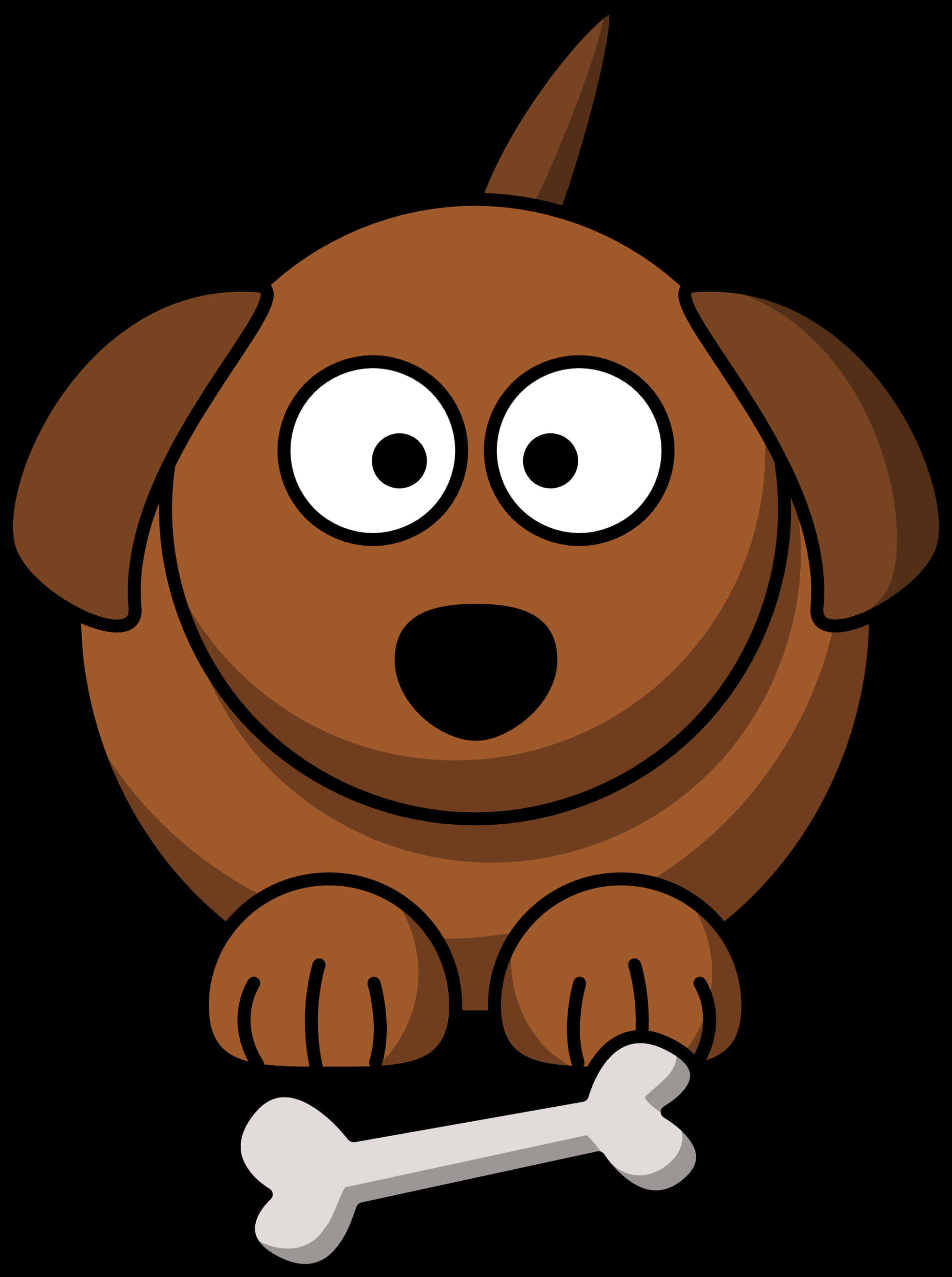 Clip Art 桌布 壁紙 — 一隻卡通棕色狗，有大眼睛和一根骨頭，在黑色背景上看起來很驚訝。