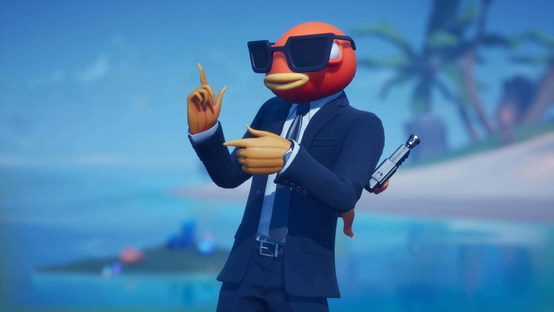 Fortnite Fishstick 桌布 壁紙 — 一隻卡通橙色企鵝穿著筆挺西裝和太陽眼鏡，在熱帶海灘背景下自信地比劃手勢，同時手持手槍。
