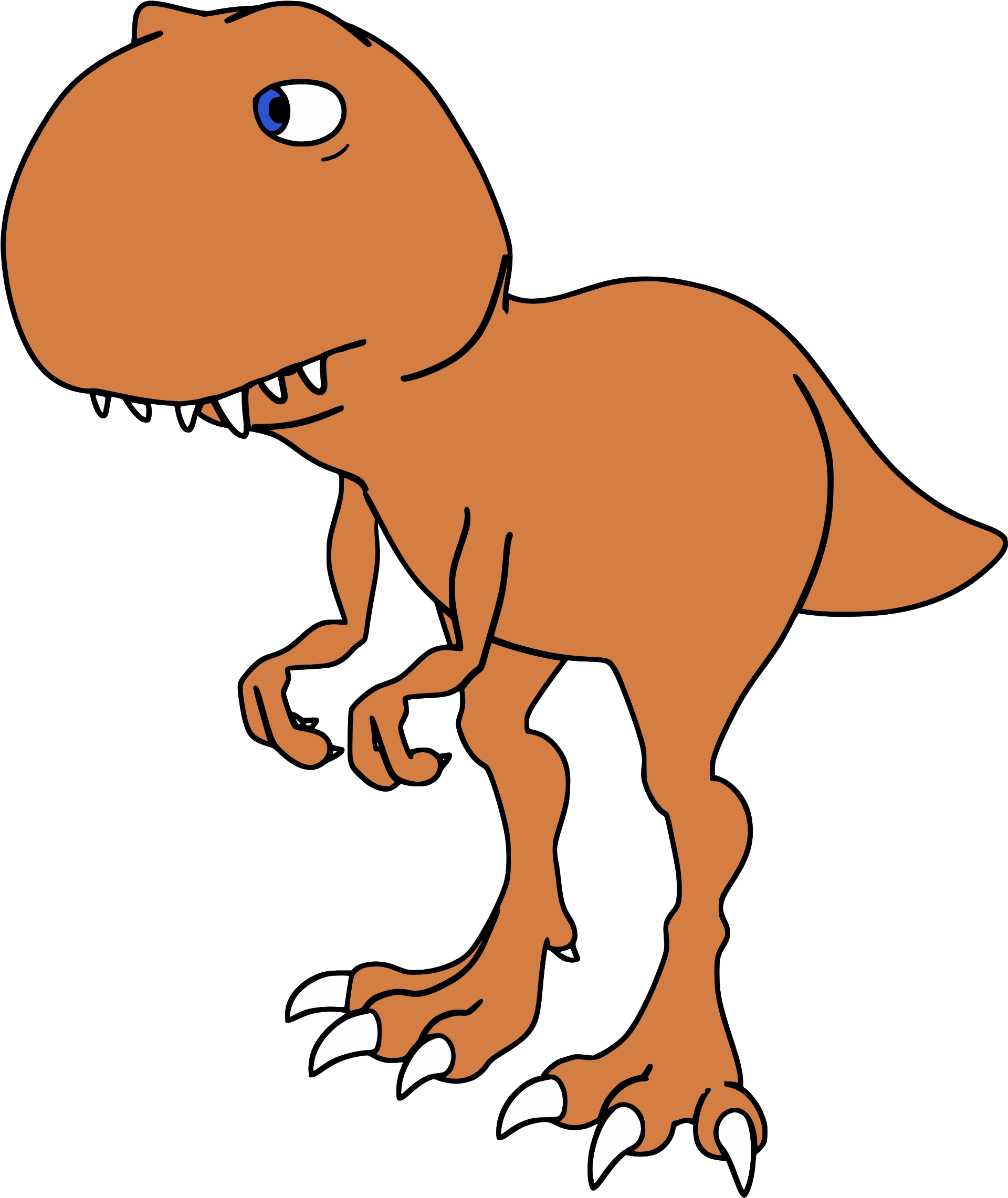 T Rex Dinosaur 桌布 壁紙 — 一隻卡通橙色恐龍，有一隻大藍色眼睛和白色爪子，站在黑色背景前。
