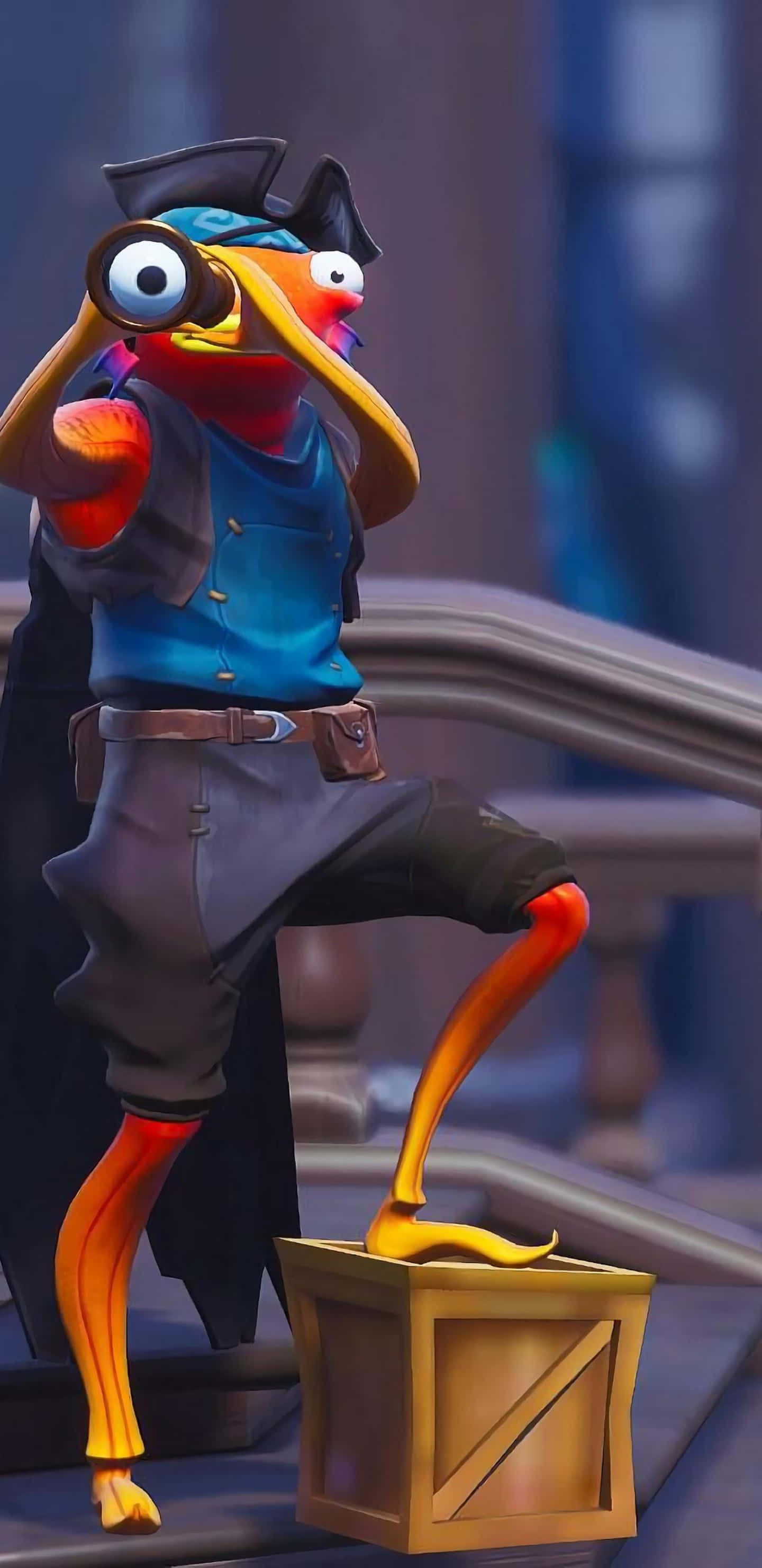 Fortnite 桌布 壁紙 — 一隻卡通橙色鳥，穿著藍色背心和黑色帽子，棲息在木箱上，透過雙筒望遠鏡窺視。