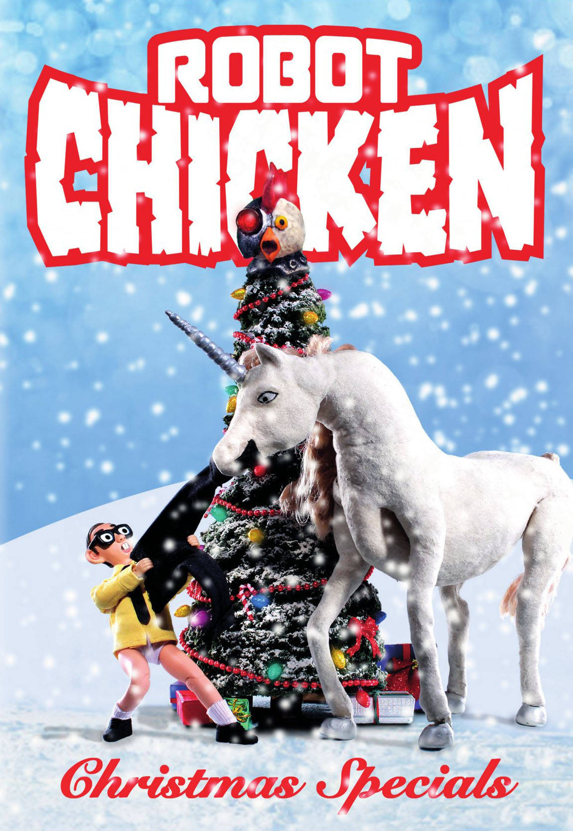 robot chicken 桌布 壁紙 — 一隻卡通機械雞棲息在裝飾好的聖誕樹上，旁邊有一隻獨角獸和一個小男孩站在雪景中。